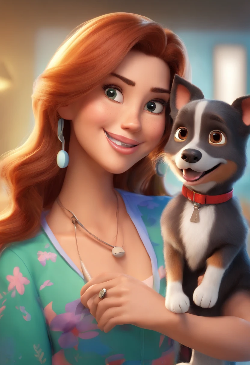 Mulher de cabelos compridos e loiros, olhos verdes, vestindo jaleco Branco, Stethoscope on neck in a veterinary clinic with several dogs, uma arara, a bird, um gato preto e branco, dramatic light, Dramatic Outcast, extremely high-resolution, 3D Animation Poster Style, Magia da Disney Pixar, Estilo Disney Pixar, Disney Animation, 3D animation style, Disney Pixar rendering
