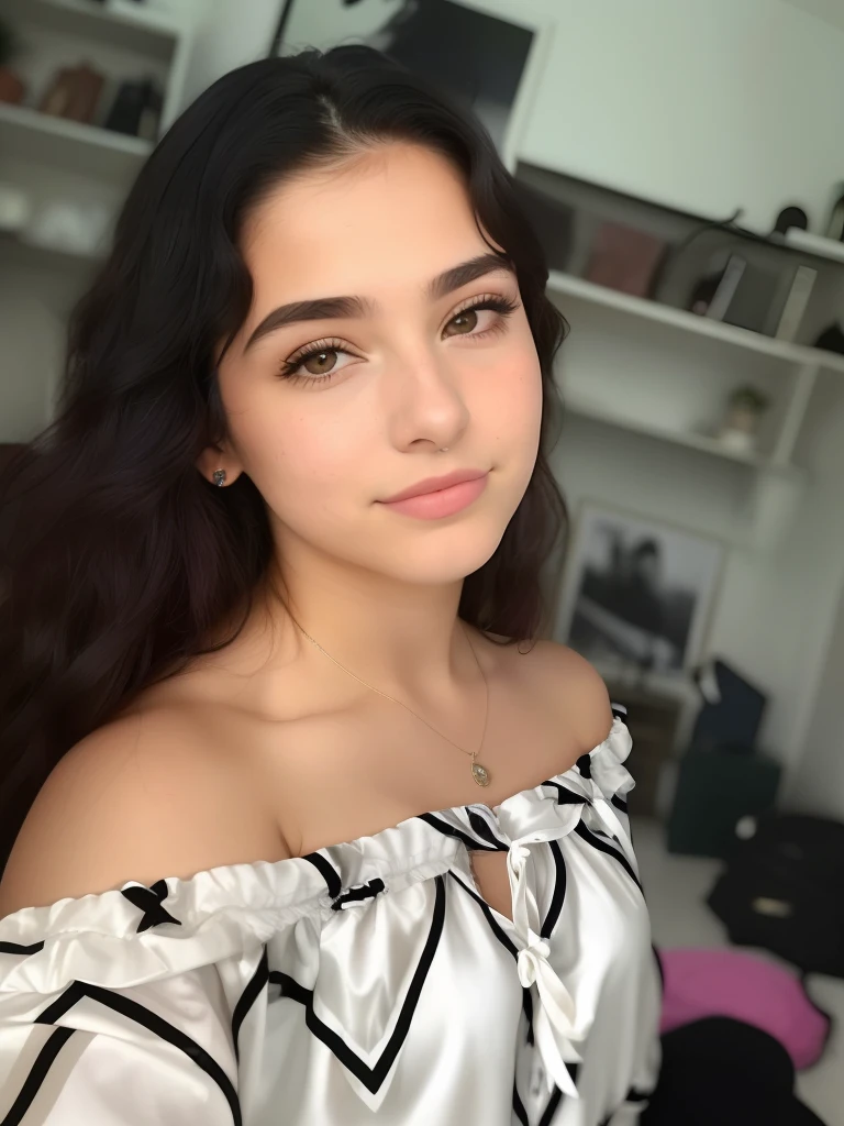 There is a woman who is posing for a photo in a room, foto de perfil headshot, Fotografia selfie 8k, ela tem cerca de 1 6 anos de idade, Violeta Myers, 18 anos, uma bela adolescente, 1 6 anos, halfbody headshot, Alanis Guillen, taken in the early 2020s