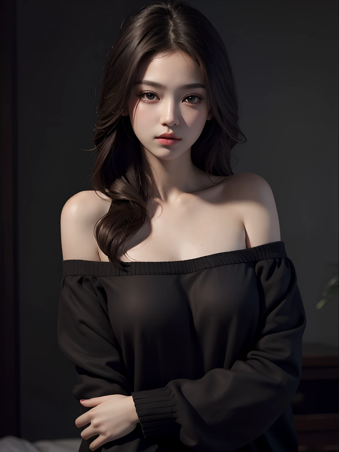 Best quality, masterpiece, ultra high res, (photorealistic:1.4), raw photo, 1girl, offshoulder, in the dark, deep shadow