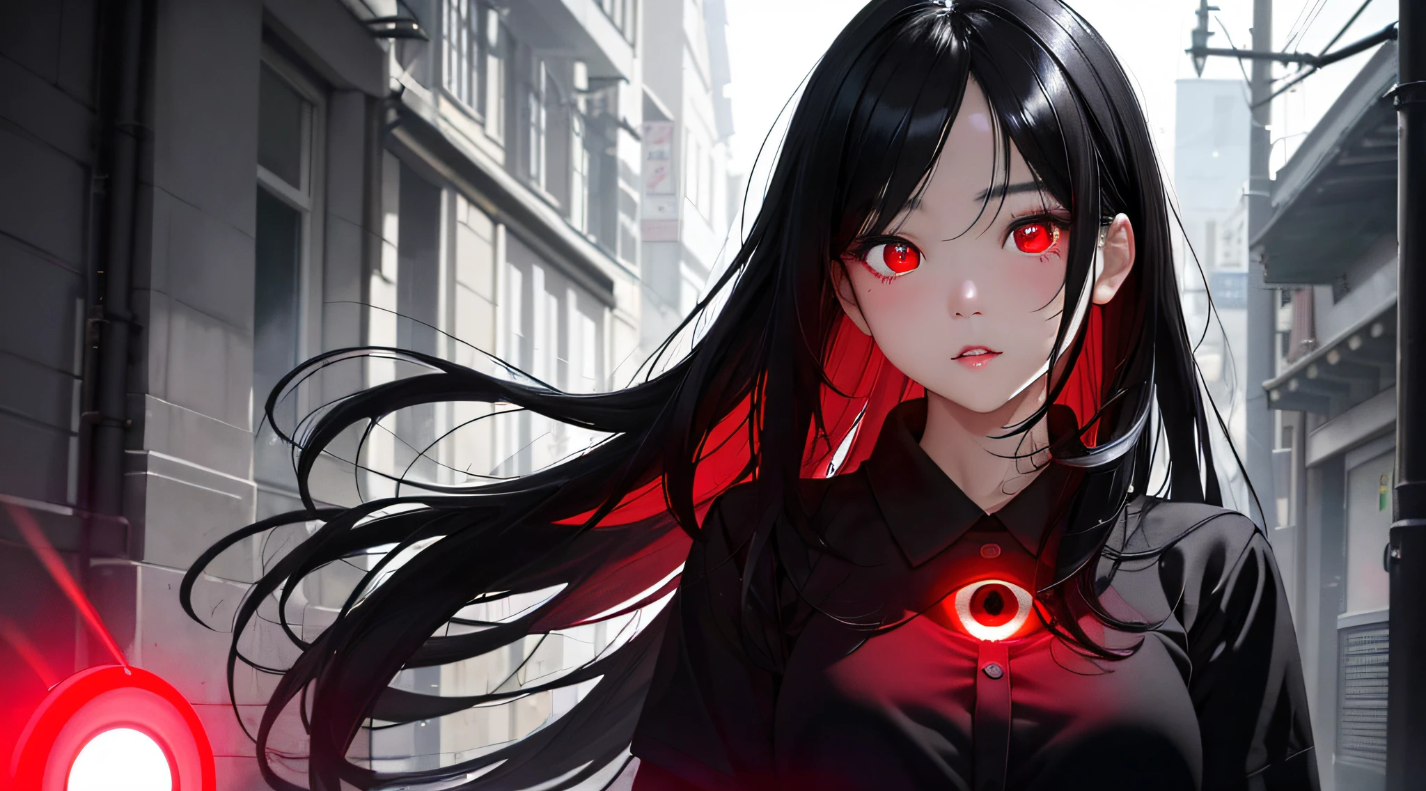 Masterpiece、top-quality、Photorealsitic、A hyper-realistic、The beautiful face of a beautiful black-haired girl standing in the dark, only the right eye is a red glowing demonic eye, and the left eye is a human eye