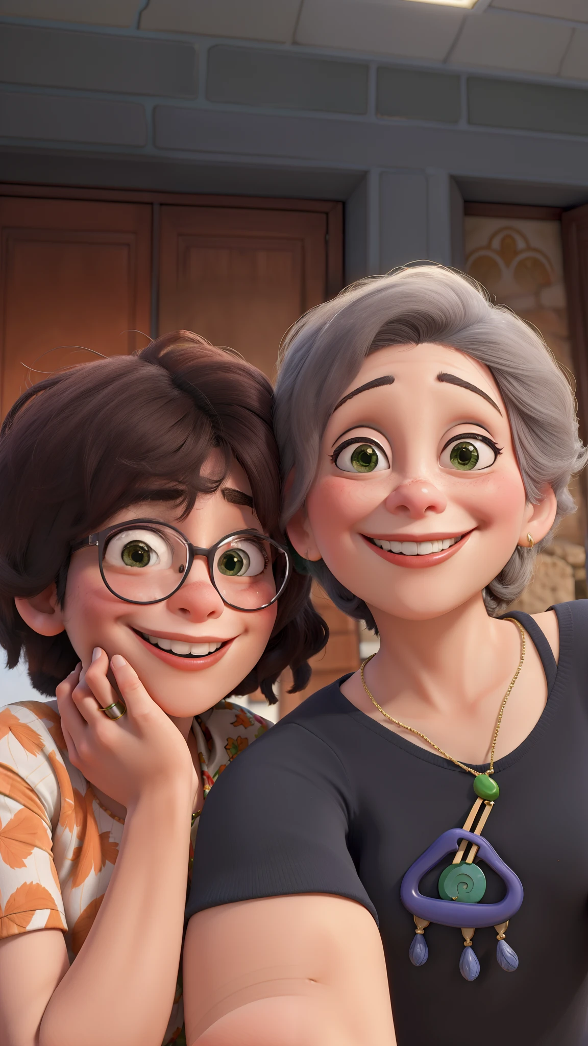 Duas mulheres sorrindo, fundo parede laranjas escuro.