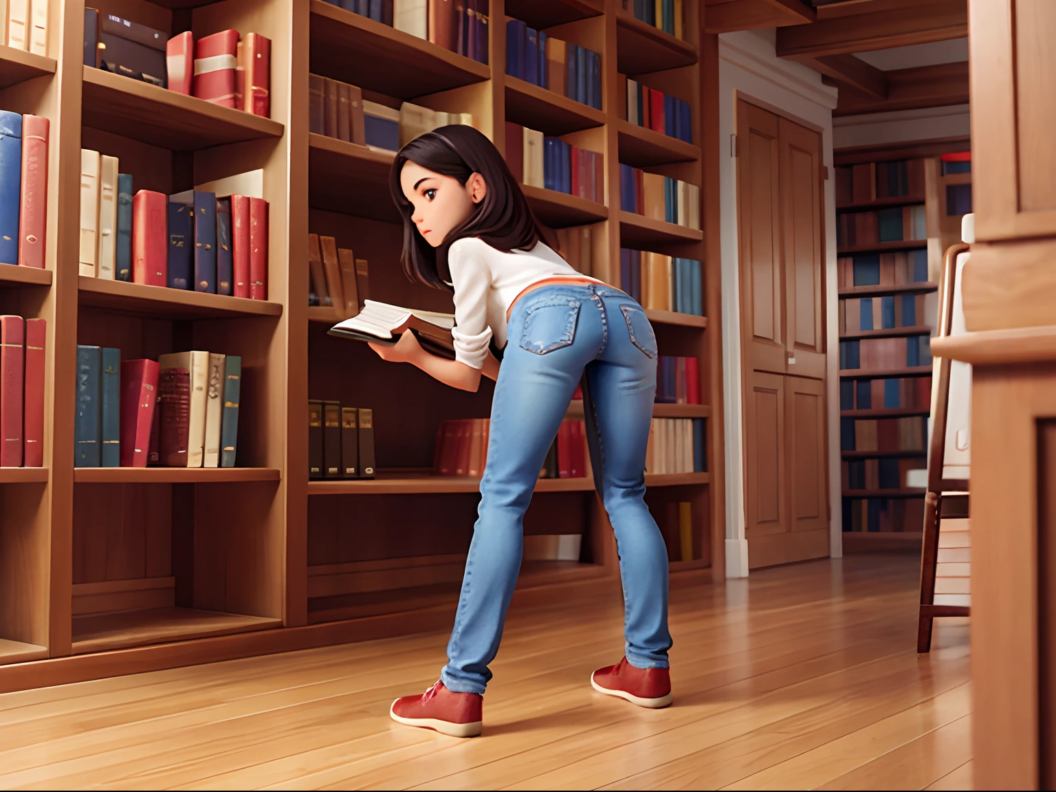 a woman wearing jeans in a library bending over to pick a book from the floor