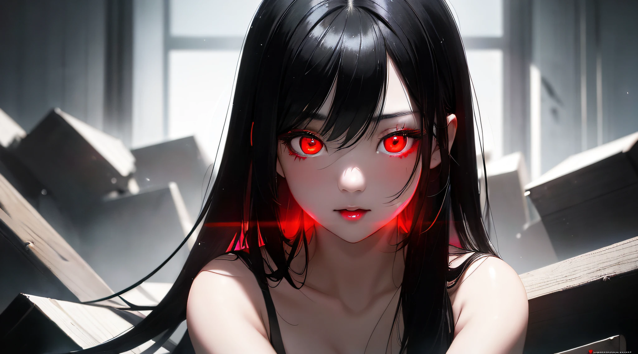 Masterpiece、top-quality、Photorealsitic、A hyper-realistic、The beautiful face of a beautiful black-haired girl standing in the dark, only the right eye is a red glowing demonic eye, and the left eye is a human eye