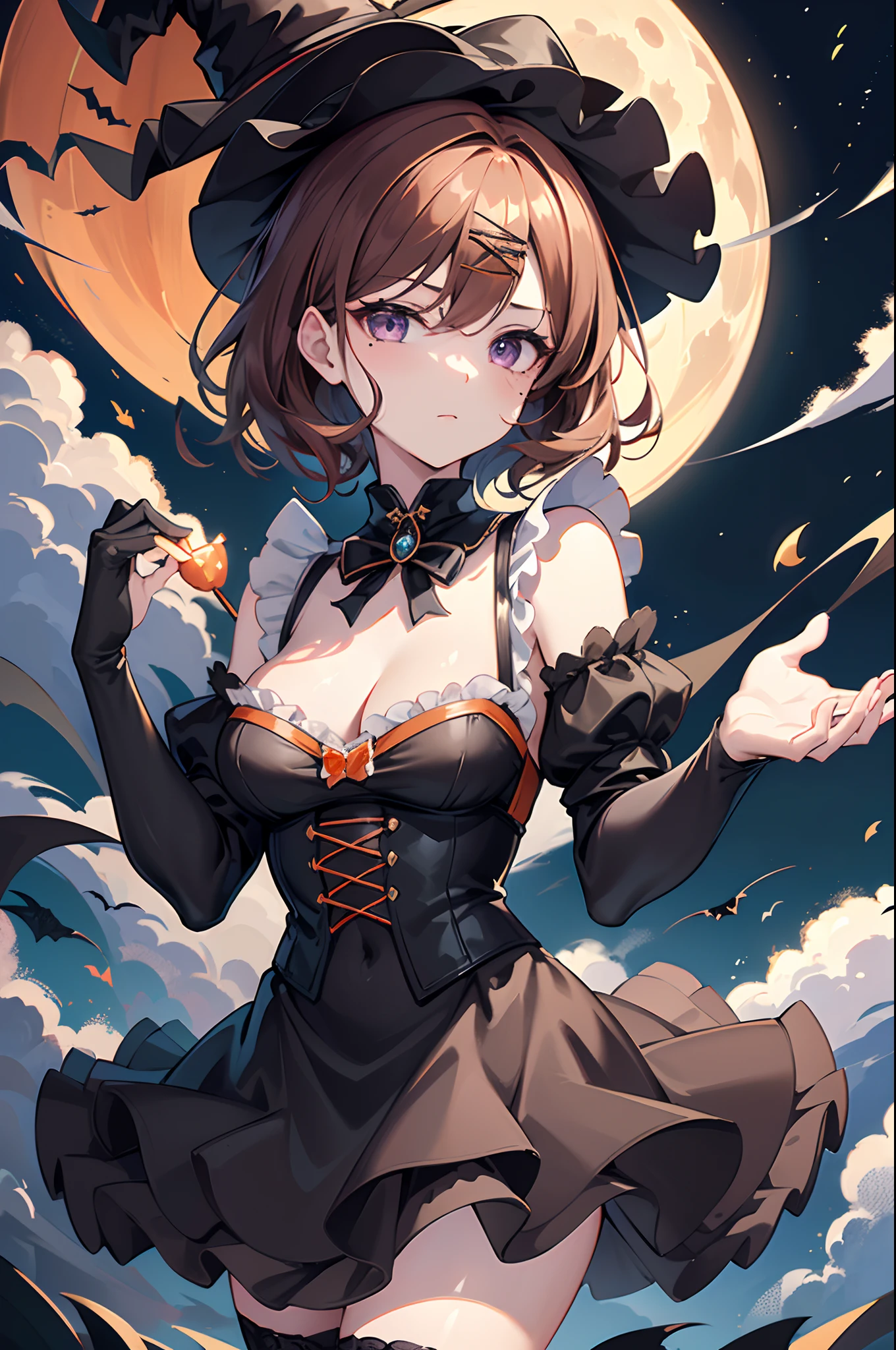 ((1girl)),sexy body,(((Perfect hands,Perfect Anatomy))),(masterpiece:1.1), (best quality:1.1), ((Beautiful detailed eyes: 1.6)),smaller eyes,((Very detailed face,perfect face)),NSFW,
＜Character appearance、body＞
＜Halloween Costume Prompts＞
orange and deep-green theme:1.2), (fusion of witch costume and dirndl:1.3), (black theme:1.1), ((black witch-hat, black pointy hat) with ribbon:1.4), (orange apron over skirt:1.4), (deep-green (ruffle-skirt, multilayer-skirt):1.4), ((bustier, waist cincher):1.3), (white short puff-sleeve:1.3), (deep-green and orange striped-pattern over-knee-socks:1.3), ((black evening-glove, choker, frills):1.2), (black High-heels:1.1), (Halloween print on apron:1.3),
＜Character appearance、The hair、mole＞
BREAK
(shiny hair,hair between the eyes, brown hair,short hair,bangs,)mole under eye,purple eyes,double eyelids,(ornament, hairclip,hairpin),
BREAK
＜expressioness、line of sight＞
looking at viewer,disgusted face,
＜Halloween Backgrounds、illuminating、Other Prompts＞
Halloween Floating Lights, Cinematic light and reflection, glowing lights, Intermediate metaverse elements，Digital Painting, Glowing reflections, pondering, Halloween Jack-o'-lantern, calm night, Digital Illustration, Beautiful atmosphere, Skylight at night, Calm evening atmosphere, Jack-o'-lantern, Halloween, the night, themoon, The game scene, Halloween, Surrounded by clouds, Buildings in medieval Europe, glazed tiles, ue, gorgeous colors, There are three arches in the foreground((color ink)), ( (Splash ink ) ), ((Splash ink) inky})), tmasterpiece, high quarity, Beautiful graphics, high detal,