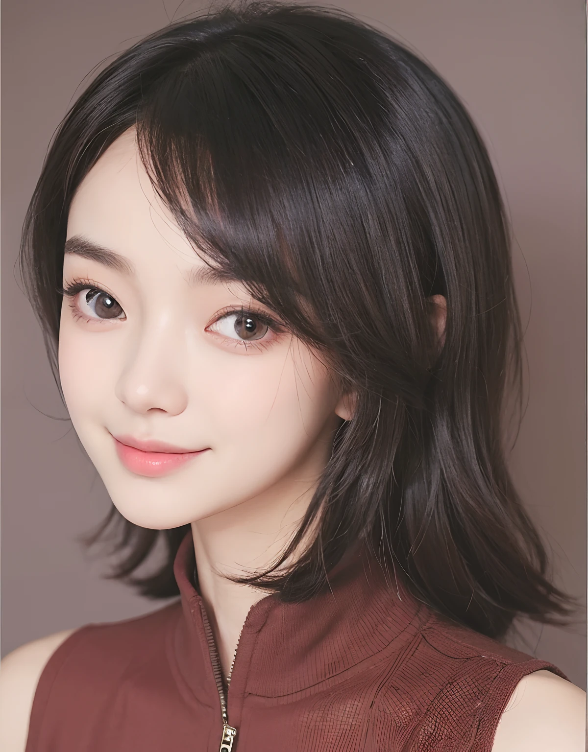 A girl with realistic short black hair, realistic Korean beautiful face,Realistic thin smiling expression, adapt the exact same clothes, realistic light, realistic shadows, realistic background
