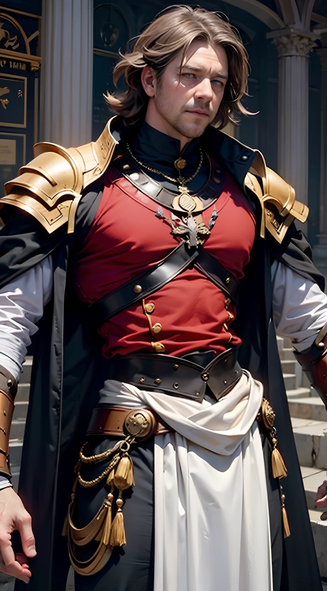It depicts a general of the Roman Empire in 180 AD,(Man 1.8),Maximus(Russell Crowe(Russell Ira Crowe)adorn)He was a Roman Empire general with great achievements,The Imperial Legions under his command are victorious,Invincible。(He was about 45 years old),Short dark brown hair,Small waves,Short hairy beard,Tall, well-proportioned figure,Strong body,Thick chest hair,Strong muscles,Delicate muscle contours, Realistic depiction, 4K quality,Meticulous muscle definition, Realistic depiction, Correct anatomy,8K, High definition, Detailed face, Detailed eyes,Dressed in classic Roman armor,There is a layered combination of leather armor and plate armor,Black with gold decorative cuirass,(Middle-aged 1.6),Down,powerful,great,MAN,Exuberant energy,confident smile,serious expressions,(A long sword decorated with a lion on his waist1.6)