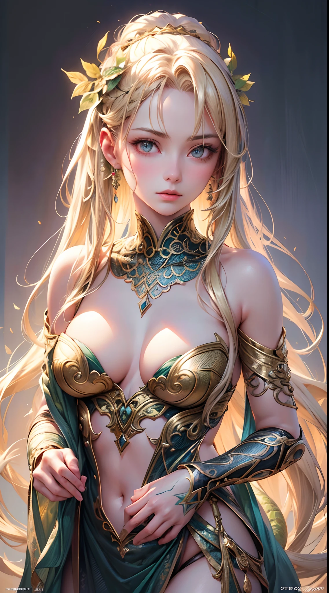 (Best quality,8K,A high resolution,Masterpiece:1.2),Ultra-detailed,(Realistic,Photorealistic,photo-realistic:1.37),150 mm female thread,vibrant detail,Lace, surrealism,anatomically,elegant,h.r. Giger style, The left and right colors of the picture are different,Hexane rendering on the left,Gold rendering on the right,The left half is green snake-like hair,Snake eyes on the left,The right half is flowing blonde hair,The girl on the right has beautiful eyes,Medusa,Venus,macro photography,Full-body,Super detailed,trends in art station,Sharp focus,studio photo,Intricate details,Highly detailed,Borha Greg Lutkovsky