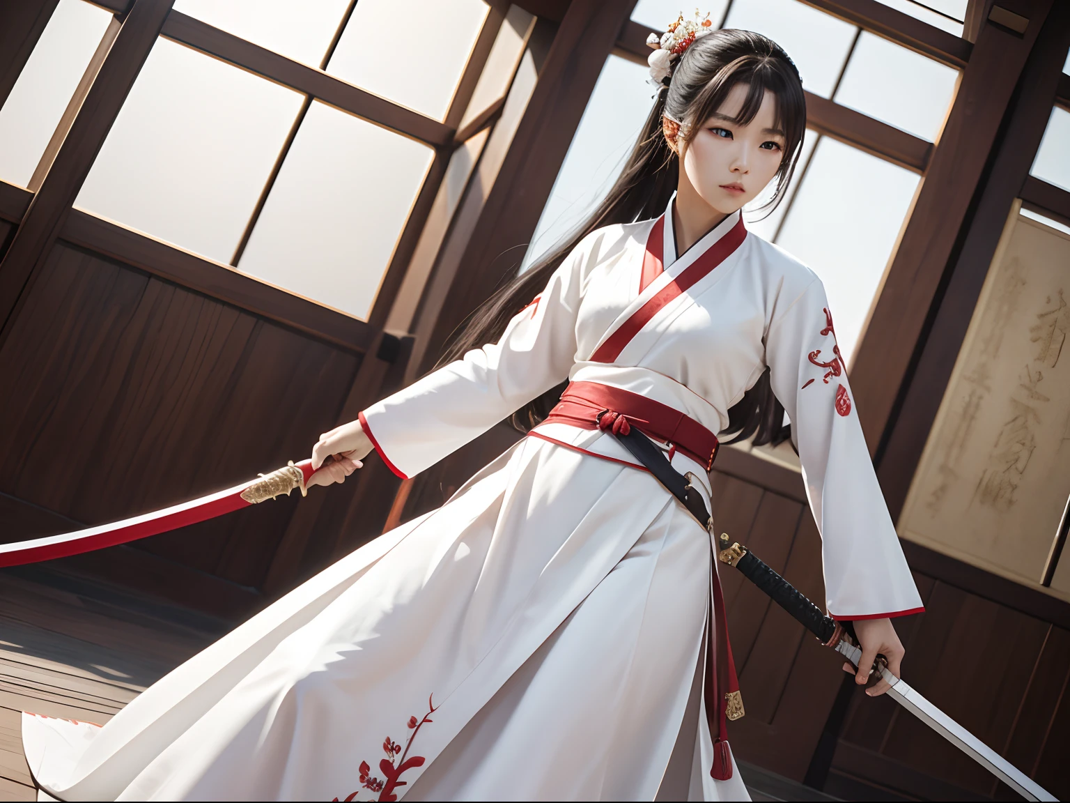 A woman who is,White hanfu red belt,,swordsmen,(tmasterpiece，best qualtiy，Complicated details)