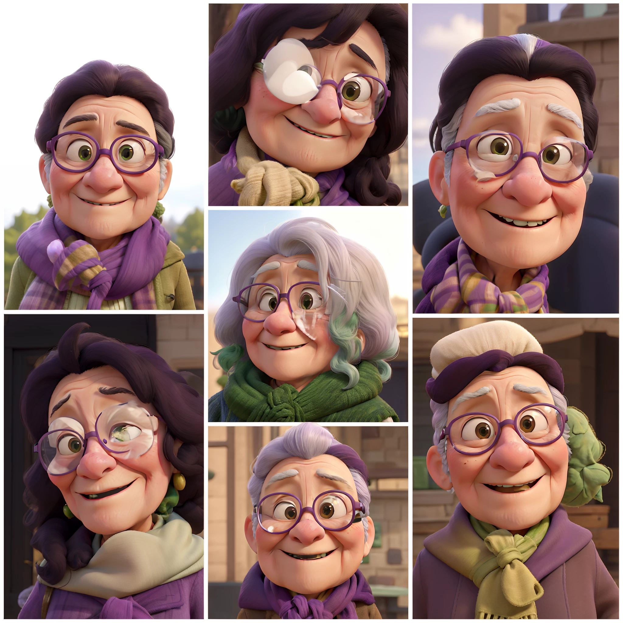 masterpiece, best quality, an old woman with glasses and a scarf on, wearing a purple coat and green scarf, standing at the park