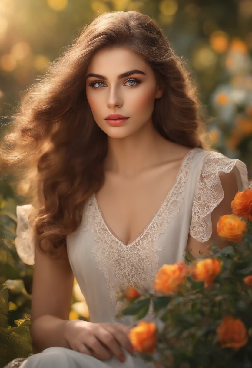 A girl in a garden,beautiful detailed eyes,beautiful detailed lips,extremely detailed eyes and face,long eyelashes,medium:oil painting,ultra-detailed,realistic:1.37,highres,studio lighting,professional,vivid colors,bokeh,soft sunlight,floral backdrop,green grass,whispering breeze,serene atmosphere,delicate flowers,faint scent of blossoms,gentle rustling of leaves,sun-kissed skin,flowing dress,natural poses,peaceful expression