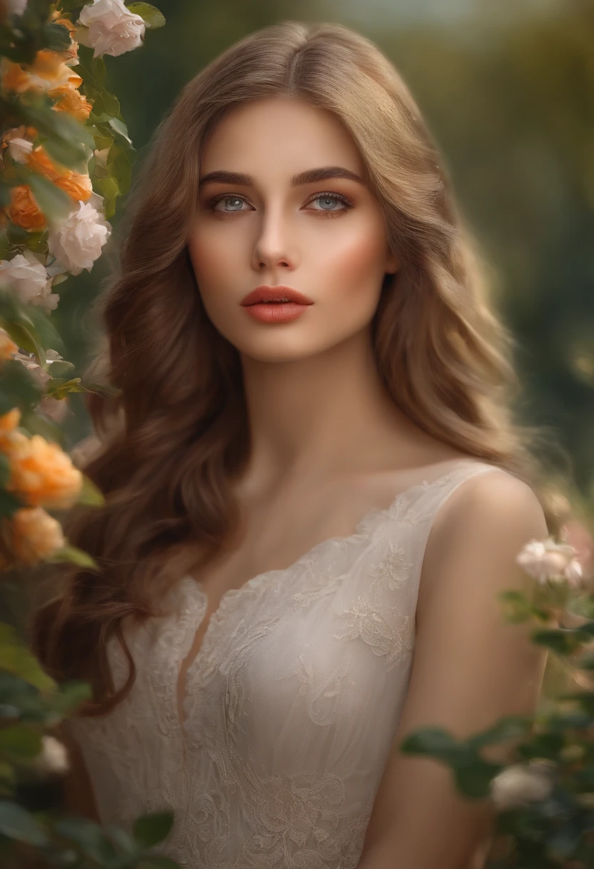 A girl in a garden,detailed eyes, beautiful detailed lips, extremely detailed eyes and face, long eyelashes,medium:oil painting,ultra-detailed,realistic:1.37,best quality,4k,8k,highres,masterpiece:1.2,ultra-fine painting,vivid colors,studio lighting,portraits,landscape,bokeh,colorful tones,soft sunlight.