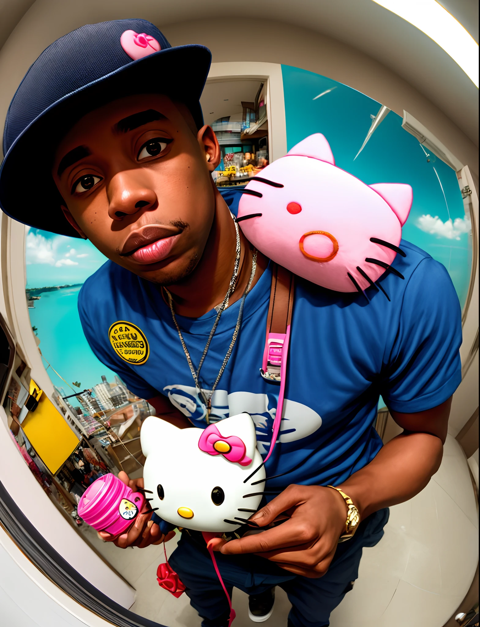 Tyler the creator holding hello kitty up to fisheye camera