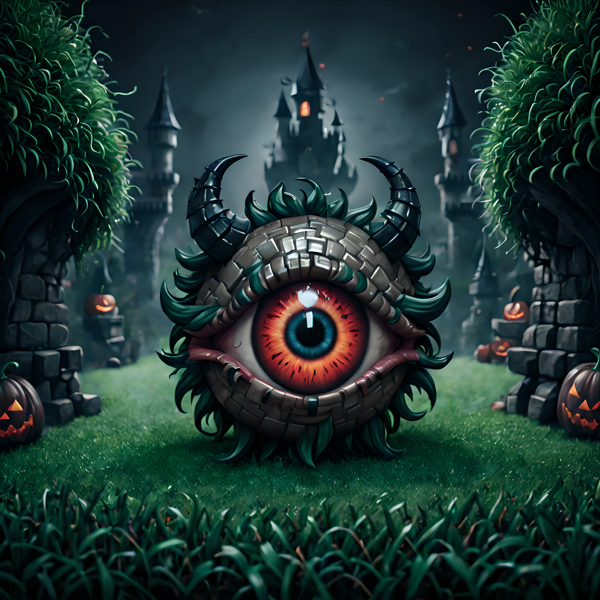 (Pixel art:1.5), (Devil's Eye:1.5), (dark theme:1.5), (fantasy:1.5), (dark fantasy:1.5), (huge devil eye:1.5), (Devil's Eyeball:1.5), (halloween theme:1.5), (chibi emote:1.5), (chibi character;1.5), (halloween background:1.5), (dark fantasy background:1.5), (castle:1.5), (grass:1.5),