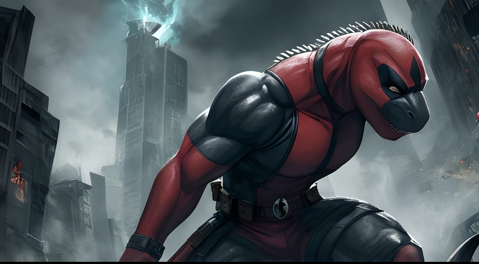 an image of an Deadpool is Tyrannosaurus Rex wearing mask, use a swords, dramatic pose, low lighting, hybrid, perfect composition, Digital painting, Professional, masterpiece, best quality, Jurassic park reference, chaos city background, 1 character, super detail, best finishing