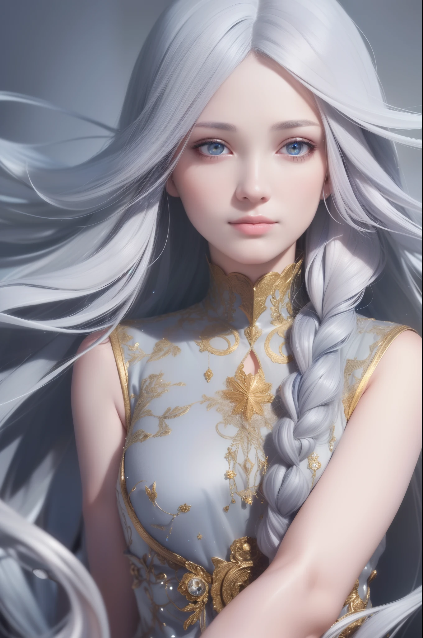 (highres:1.2),(best quality,ultra-detailed,realistic:1.37),(portrait,traditional portrait),(gray hair,blue hair),(golden shimmering eyes),(flowing white garments),(gazing at the sky),(upper body or full body),(hair flowing like a waterfall),(snow-white skin),(elegant side braid)