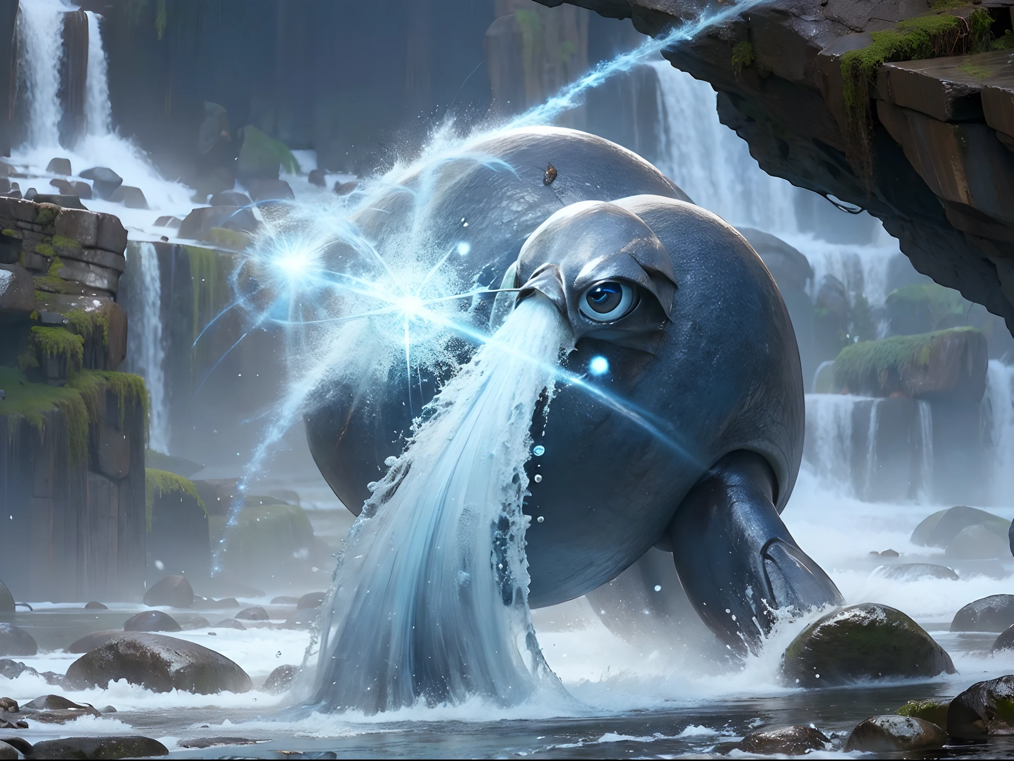 beautiful schoolgirl, catch a crab, sharp focus, 8k, perfect composition, trending on art station, award-winning photograph, cinematic smooth, intricate detail, highly detailed, slim body, silver short hair, blue eyes, full body, from below, splash, fractal art, god ray, river, snow, 2yo