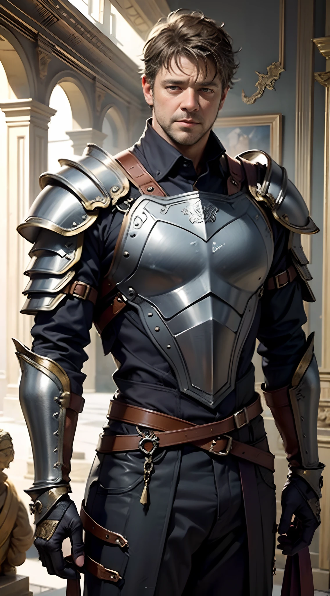 (masterpiece, photorealistic:1.4, extremely intricate:1.3), (photon mapping, radiosity, physically based rendering, ultra resolution, hyper-realistic, photorealistic:1.4, hyper-realistic, 8K), muscular man, ((black chrome late renaissance armor:1.4, chrome rivets (torso photograph, showing off his bulge)), metal reflections, outdoors, medieval battlefield, intense sunlight, far away castle, moat, (shaved blonde hair, dynamic pose), sharp focus, dramatic, award winning, cinematic lighting, (film grain, bokeh, interaction)