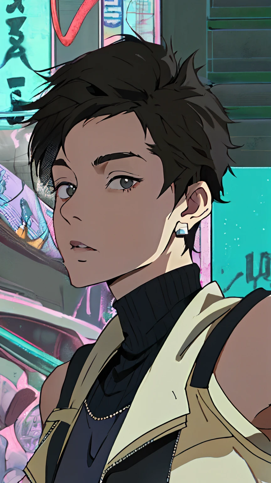 there is a boy, androgynous person, many earrings and pircings, wears a tank top turtleneck, wears a jacket, black hair, dark hair, short hair, small hair, androgynous person