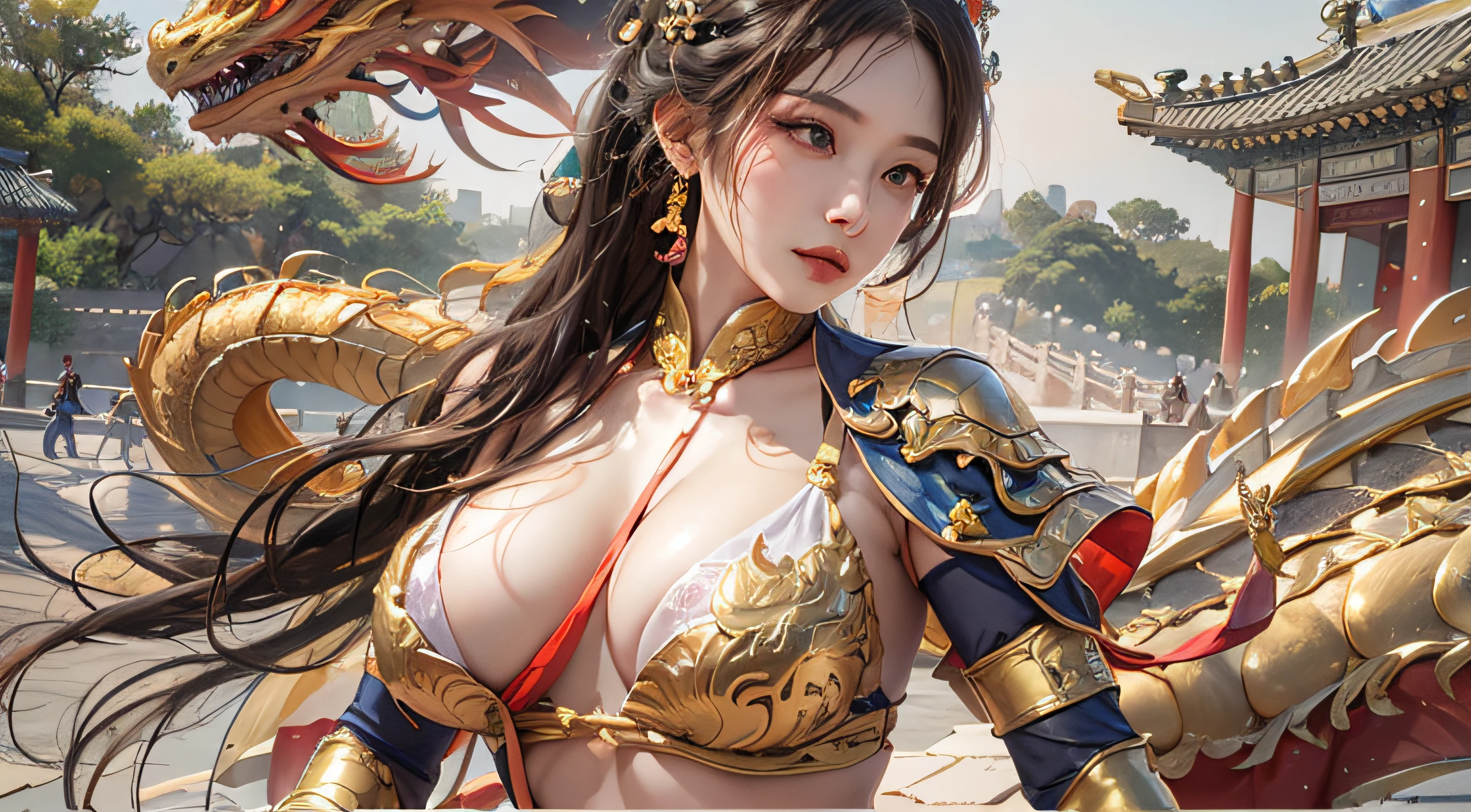 photorealistic portrait, high-res, Soft light,1woman, bara, The picture sees the thighs..., Slender Figure, Hip up, gleaming skin, Overflowing big breasts, Reveal the breasts...., (higly detailed face), Beautiful Chinese Armor, Beijing Summer Palace view (Beijing Summer Palace), golden dragon, fire dragon