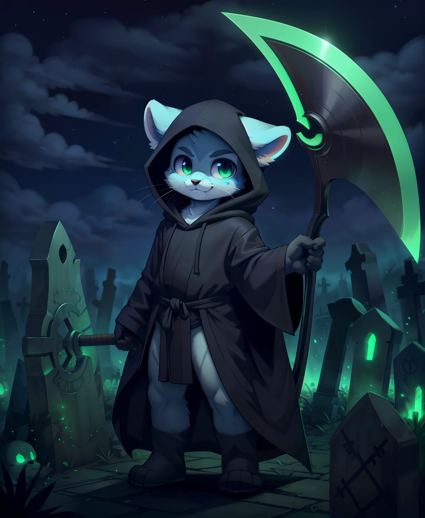 masterpiece, high quality portrait, anthro, furry, gray fur, (cub), (whiskers), solo child boy, (grim reaper), (holding scythe:1.2), black hood and robes, evil smirk, posing, blue dust, (floating green glows), graveyard, night, (by kekitopu)