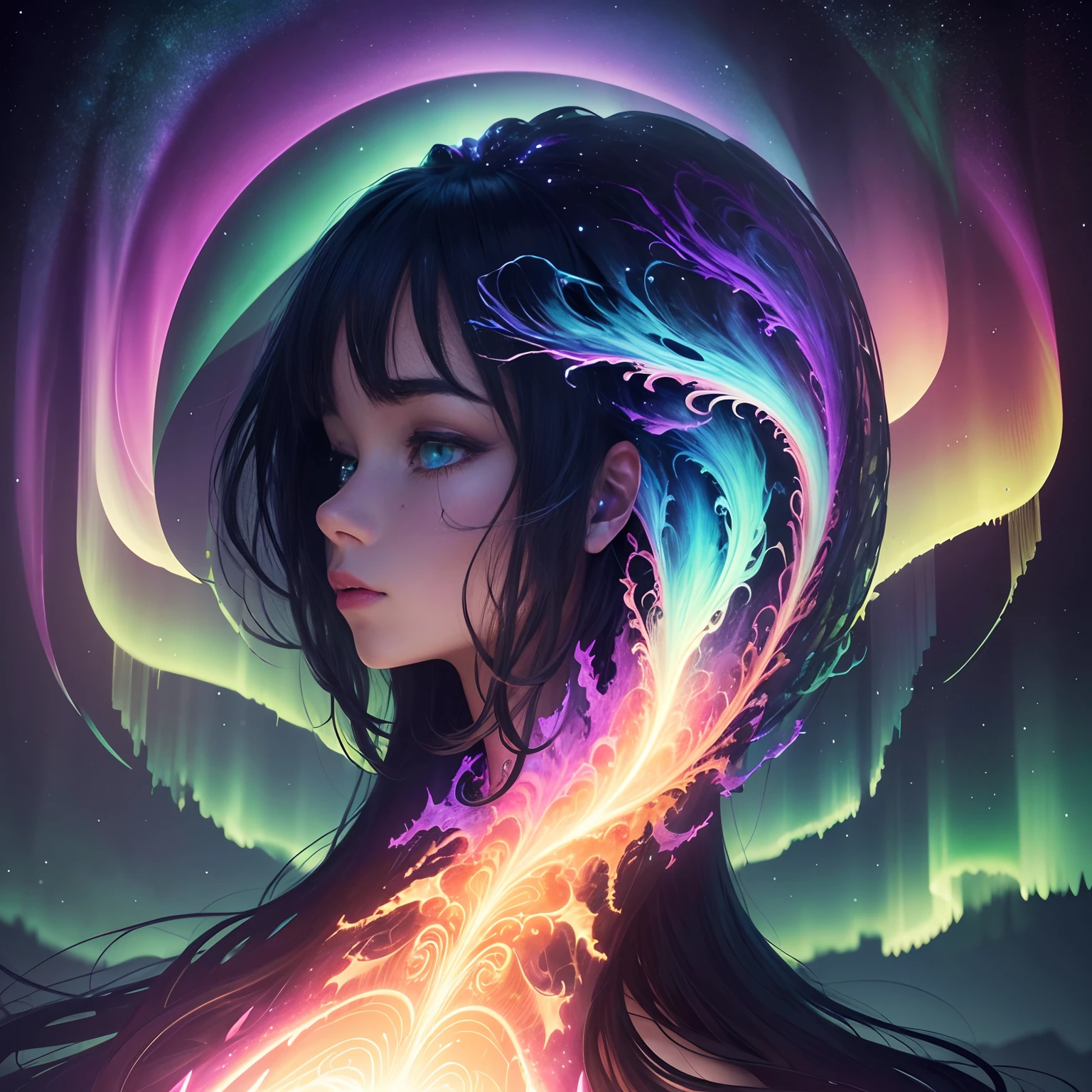tmasterpiece, 4K, Hyper-Resolution, Optimal image resolution, Amazing illustrations depicting the Northern Lights of the human body, Express your thoughts, Emotions and dreams in surreal and magical landscapes. Use bright colors and meaningful symbols to reflect the complexity of the human mind.