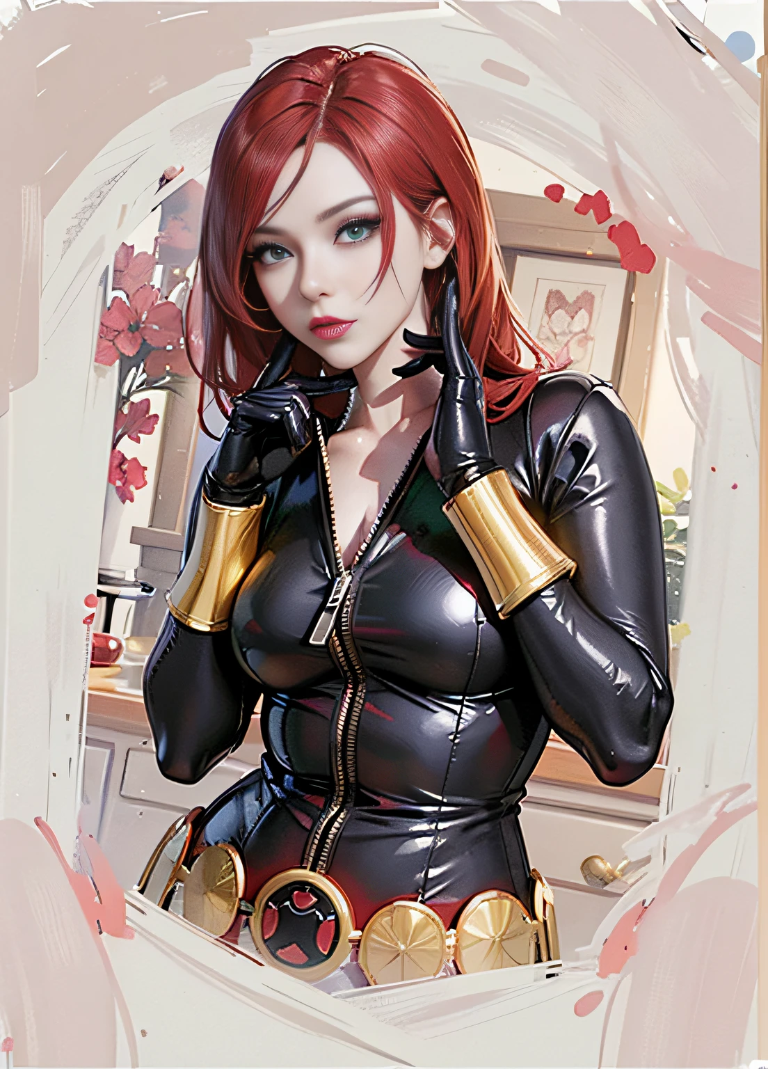 a digital illustration of Black Widow, a character from Marvel Comics. She is depicted with bright red hair and a serious expression on her face, both of which are distinctive characteristics of the character. She is dressed in a skintight shiny black latex leather suit, adorned with gold accents. Her bright, green eyes add a striking contrast to the overall image. The character is seen wearing golden wrist guards on her forearms and a belt with red X symbols on it. The background of the illustration is a single-toned watercolor pink.