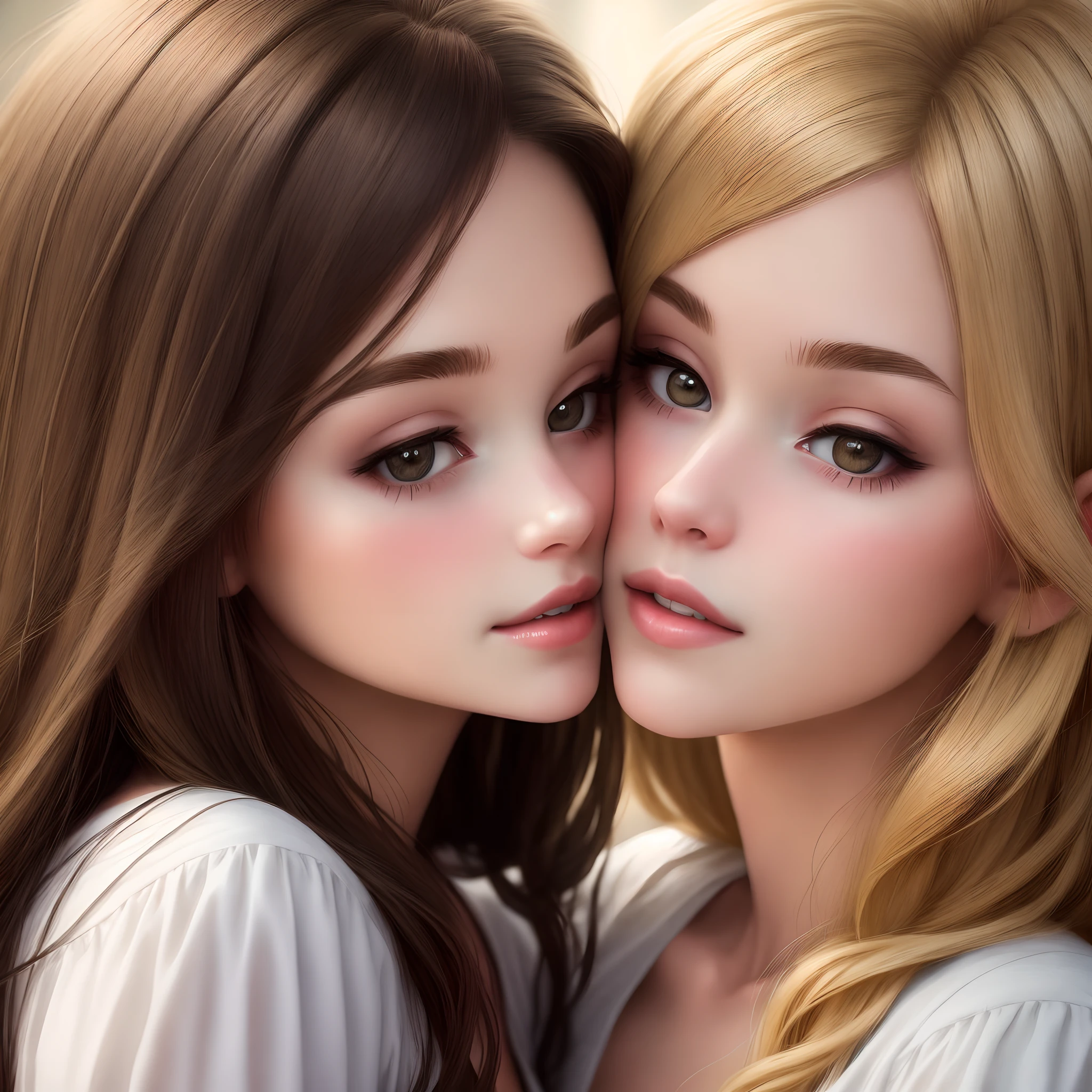 Blonde girl and brunette girl kissing