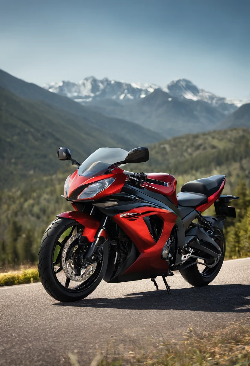 Kawasaki ZX-4RR,motorcycle,cartoony,Sunnyday,Speeding,Lateral face,Mountains in the background,the detail