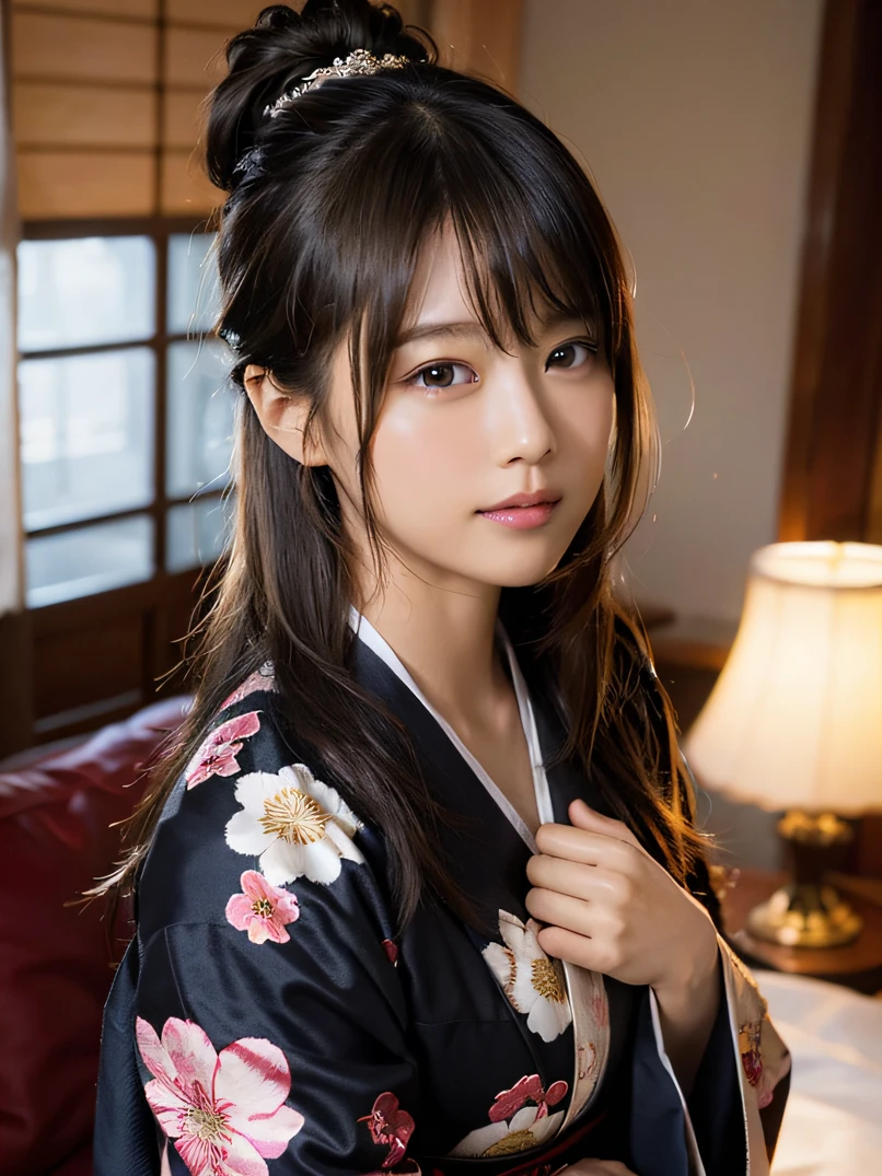 ((1 girl in))、Photorealsitic、a beauty girl、smil、hightquality、hight resolution、super-fine、acurate、Cinematic lighting、High contrast、High brightness、Fold your hands in front of your chest、Highly detailed facial and skin texture、Detailed hand depiction、Black kimono、 with floral pattern、Highly detailed brown eyes、detailed symmetric realistic face、Detailed chest depiction、Detailed hand depiction、Sleepy eyes、Hairstyle Upstyle、Look at viewers、Detail skin、 Indoor Japan house on background、futon bedding、Night view of fireworks blooming outside the window