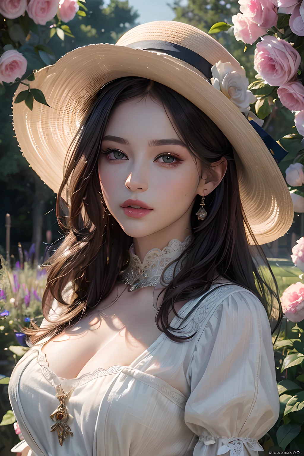 piratepunkai, Concept art, (masutepiece,Best Quality,Photorealistic,Best Color,ultra-detailliert:1.3), Beautiful woman in black dress with hat, Blue eyes, eye line, masks, Beautiful eyes and face, Large breasts, perfectly proportions,  Sunset background, piratepunkai, 8K, highres photograph