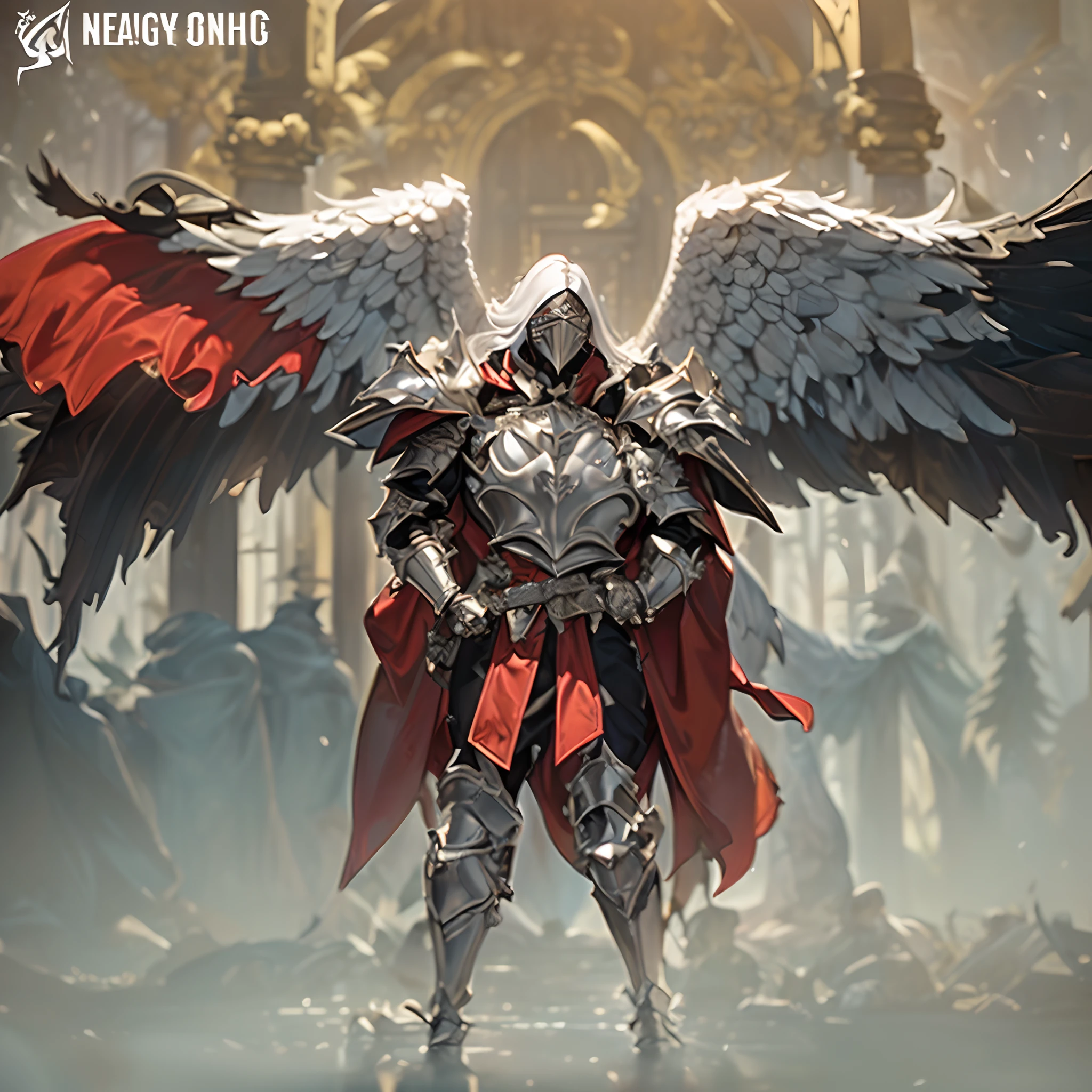 Angel with wings, Looking Up, Wearing a mask and armor, 1人, (fantasy character design, front, wide shoulders, ah high, ((1male)), ember, muscle male, wide shoulders, grown up, Long white hair, slick hair, ah high, angel wings, Detailed, Strong hands, ((beste-Qualit, hight resolution, ultradetailed)), from on the side, ((Masterpiece, Highest Quality)), Full of Details, frontal view, Highly detailed, depth, many details, Muscular boy with long white hair, handsome male, Tall man, (Masterpiece:1.2), (Best Quality:1.3), Ice Fantasy Outfit, Full-length male character, Grown-up guy, grown up, tall muscular guy, wide shoulders, Fantasy, dnd, Aasimar, person, the angel of death, with white wings, White Smooth Face Mask, ((face mask)), Mask on the whole face, Metal mask, Hides Eyes, hides the face, (Without eyes), White long hair, white colored hair, slick hair, straight hair, Chain mail, chain mail armor, Fantasy armor, cinematic  composition, Creating an atmospheric atmosphere, knight, paladin, PaladinOathbreaker, Gothic armor, Full-length portrait of a mysterious knight, Fantasy clothing, Black Boots, pale skin, macabre, Gloomy design, Has red smoke and aura, eldritch, Creepy, nightmarish, Epic Angel Wings, light around the head, Additional lighting, Wearing heavy armor, pale skin, evil knight,anime screenshot, a closeup of a, (чрезвычайно детализированные обои CG unity 8k), dynamic light, HD, Fantasy art, white-haired god, Beautiful picture of the character, a work of art in the style of DND