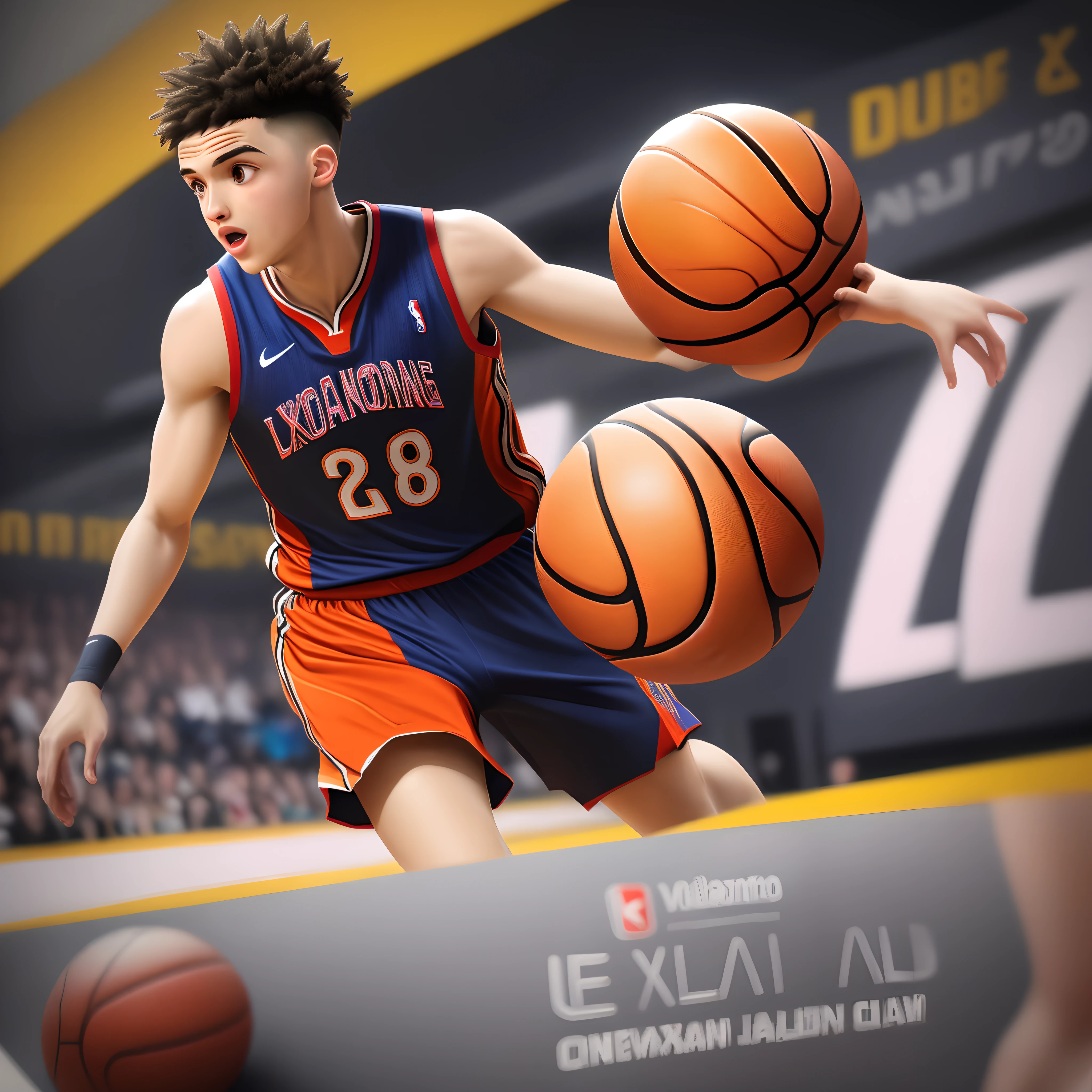 2 boy, twink, handsome, his skin is light tropical Latin, his hair is black with a graduation cut and the sides in high fade, he wears blue and black basketball clothes, we can see the image in full showing him full body, the background is solid black.