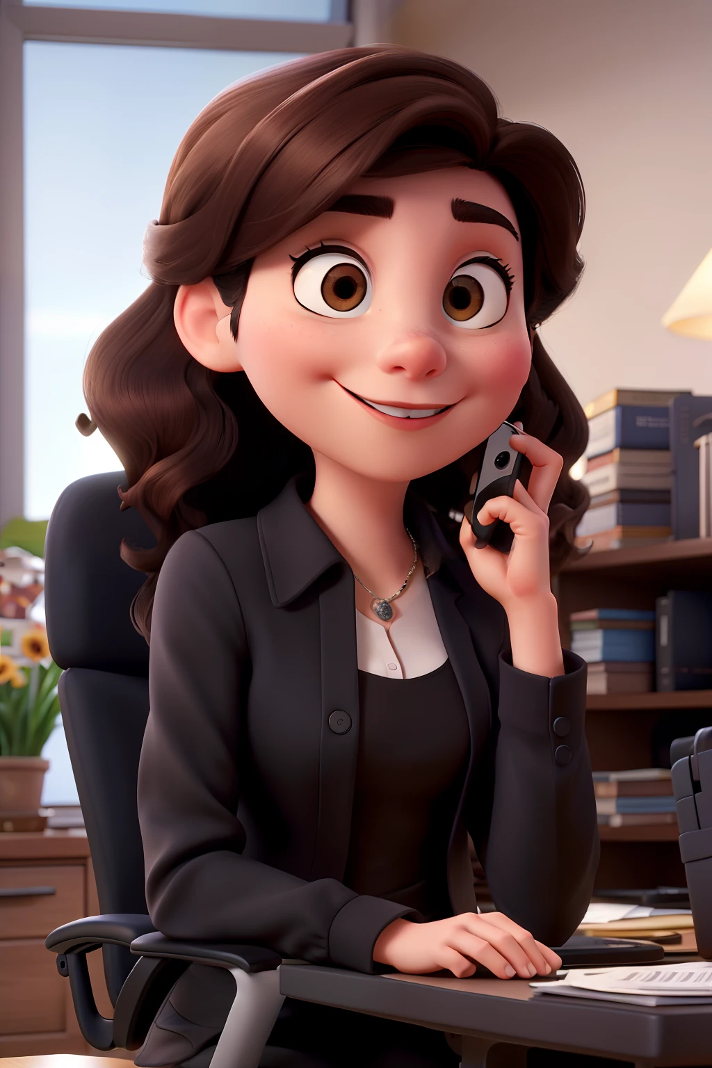 Disney Pixar Movie Young Woman Big Wavy Dark Brown Hair Wearing Black Dress Clothes In An Office Talking On The Phone Working