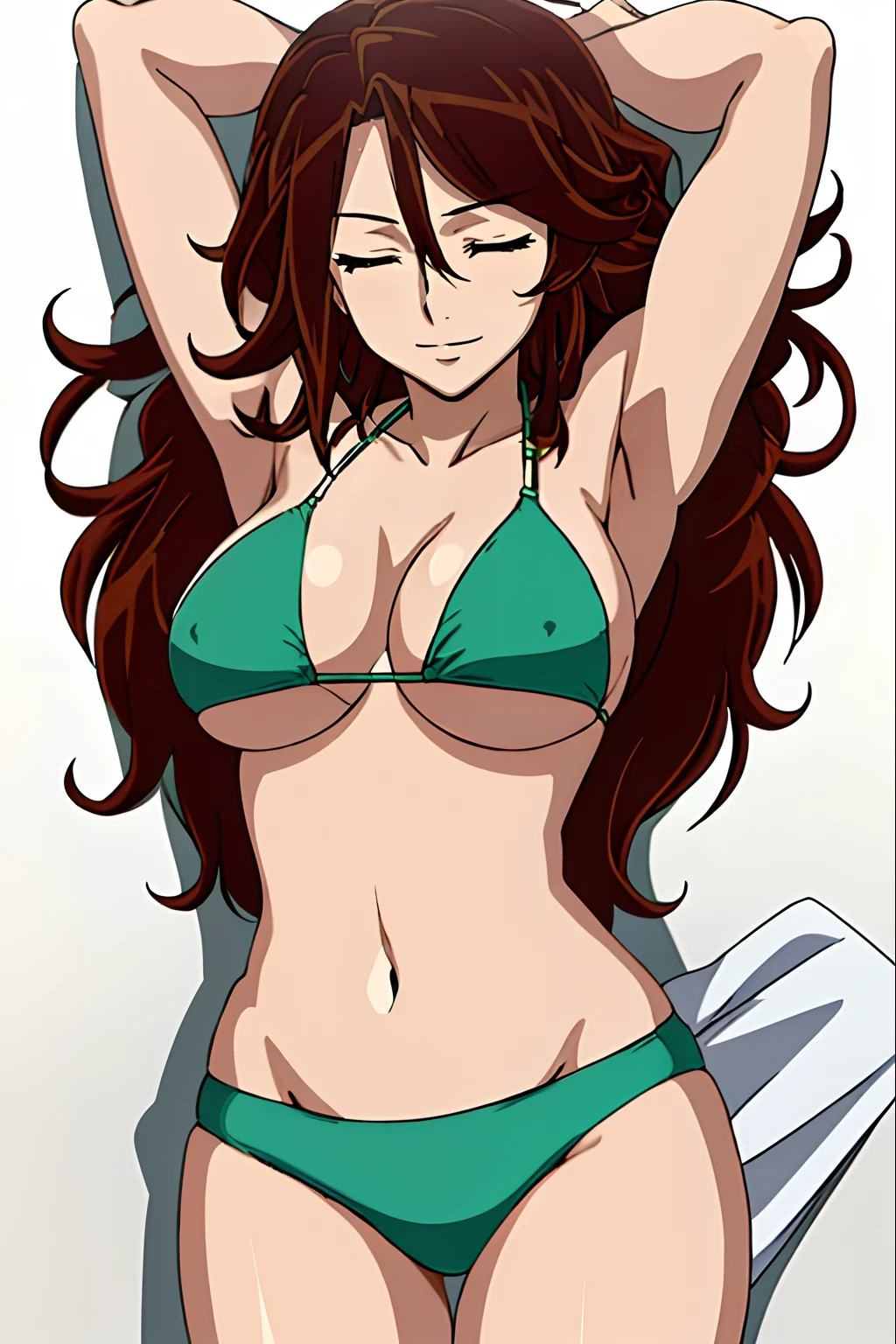 wrestling, Elegant lady, anime style: 1.8, anime drawing, ultra detailed face, ultra detailed body, 4k, Sumergai Lee Noriega, ((sleeping at beach), closed eyes), best quality, anime style, hires, highest definition, digital blending, bold drawing lines, (only WHITE background), ( slim body, (little biceps), , off-shoulders, closed fists, (curvy: 2.8)), ((broken bikini, (chaps))), gentle, (pale skin, shiny skin, very big breasts, smile), (big eyes, brown eyes), (brown hair, loose hair), 27 years old,
