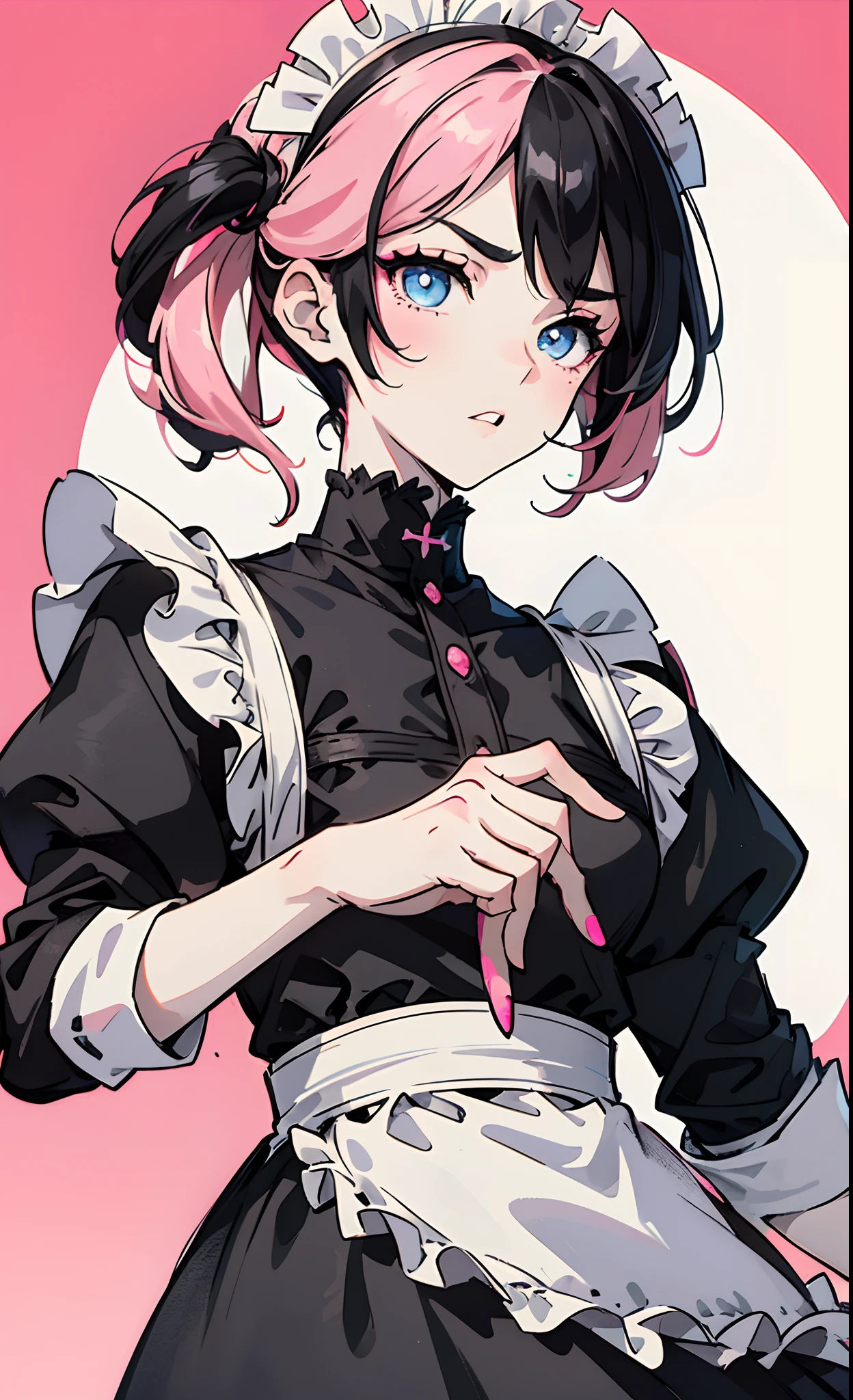 a goth anime boy, with slightly spikey black hair with pink streaks blue eyes, bushy brows, pale, wearing a maid dress