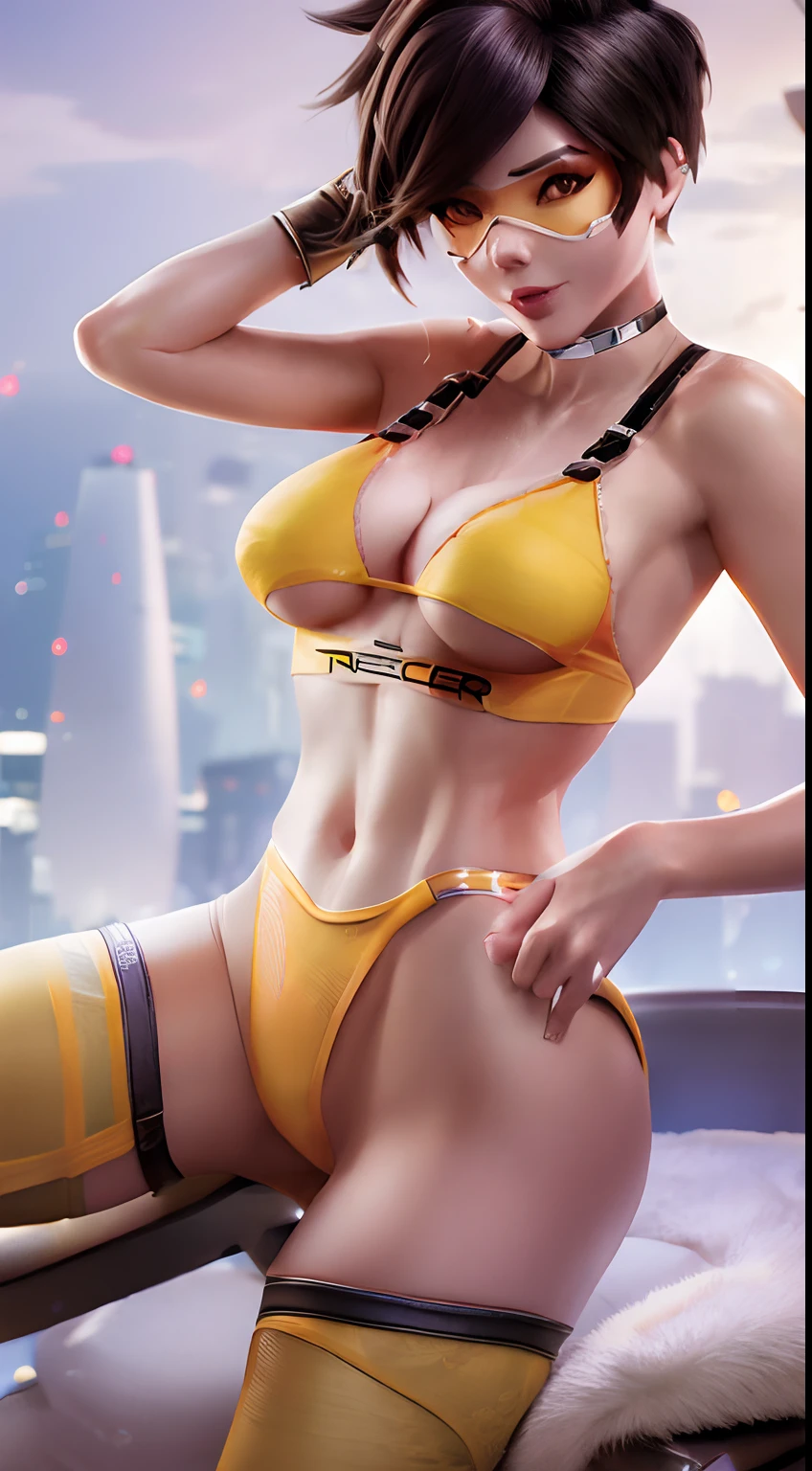 Tracer from overwatch in yellow Lace Garter Lingerie Mesh Mini Skirt Nightwear Babydoll Bodysuit,