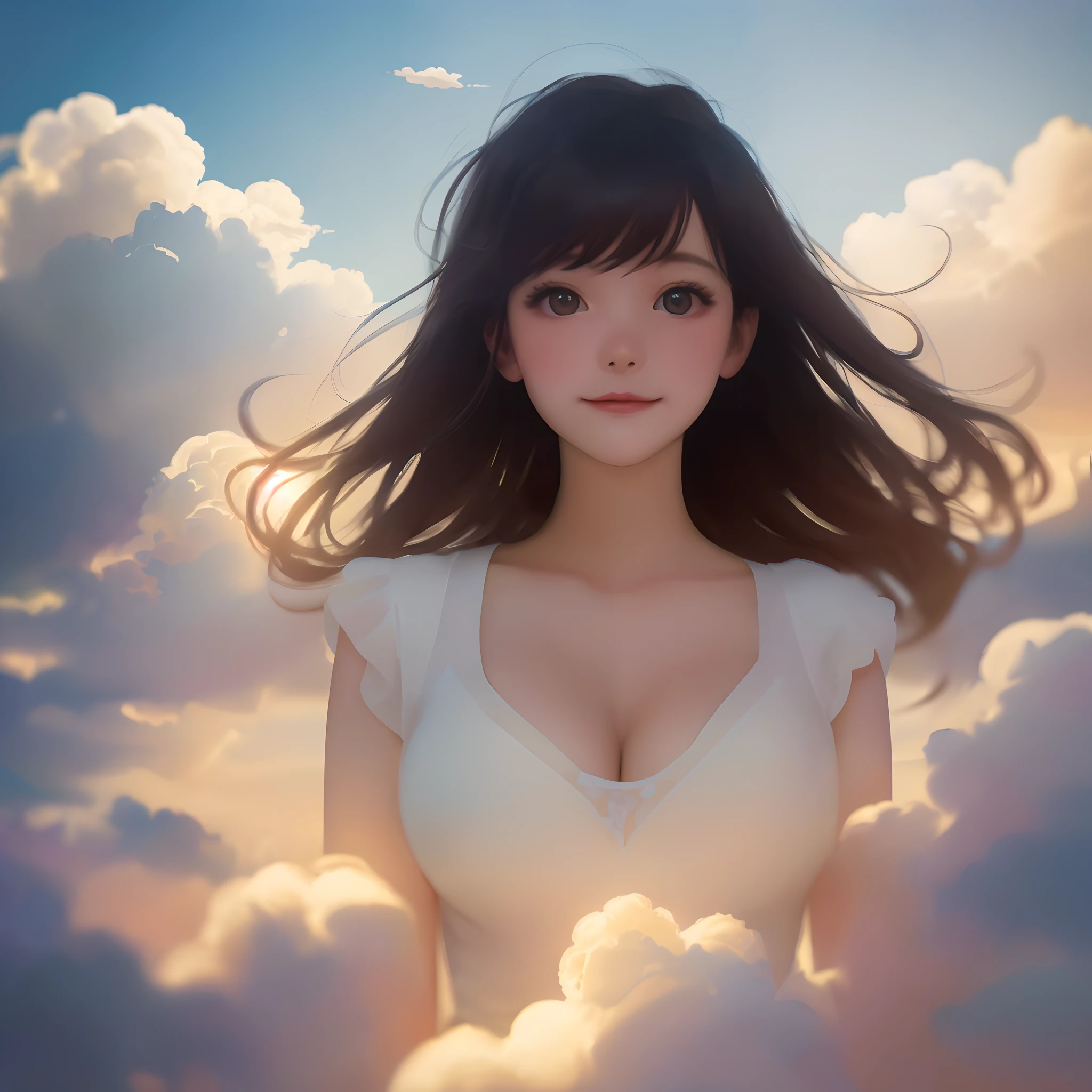 tmasterpiece,best qualtiy,cinematic Film still from,1girll,Floating in the sky,Cloud Girl,clouds,(closeup cleavage:1.1),brightly,cheerfulness,intriguing,gentlesoftlighting,(bauhause,Shape,lineworks,abstracted:1.1)quadratic element