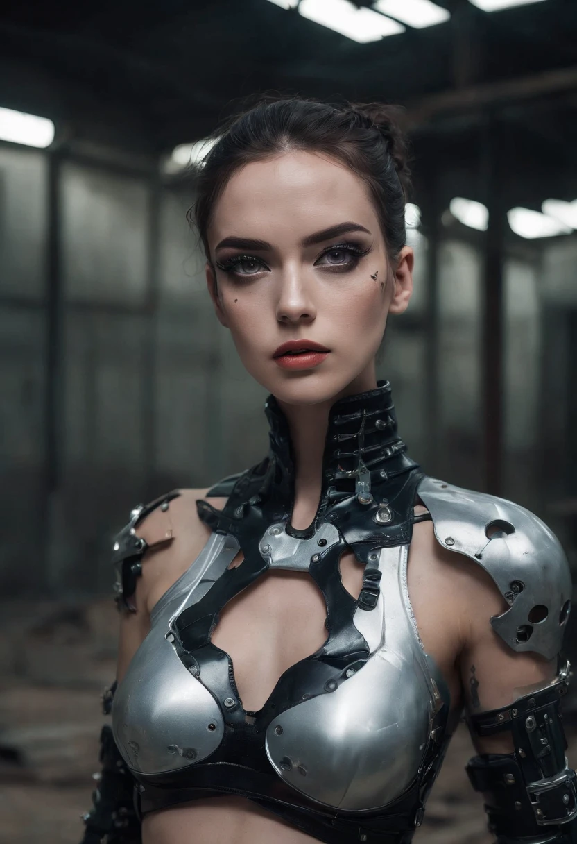 Cyborg woman posing for a photo inside an abandoned factory, aesthetic cyberpunk, mulher ciborgue, Dark Techno Aesthetics, Industrial Gothic Aesthetics, Trainee of an abandoned factory in the background, ultra detalhado, fotorrealista, master part.