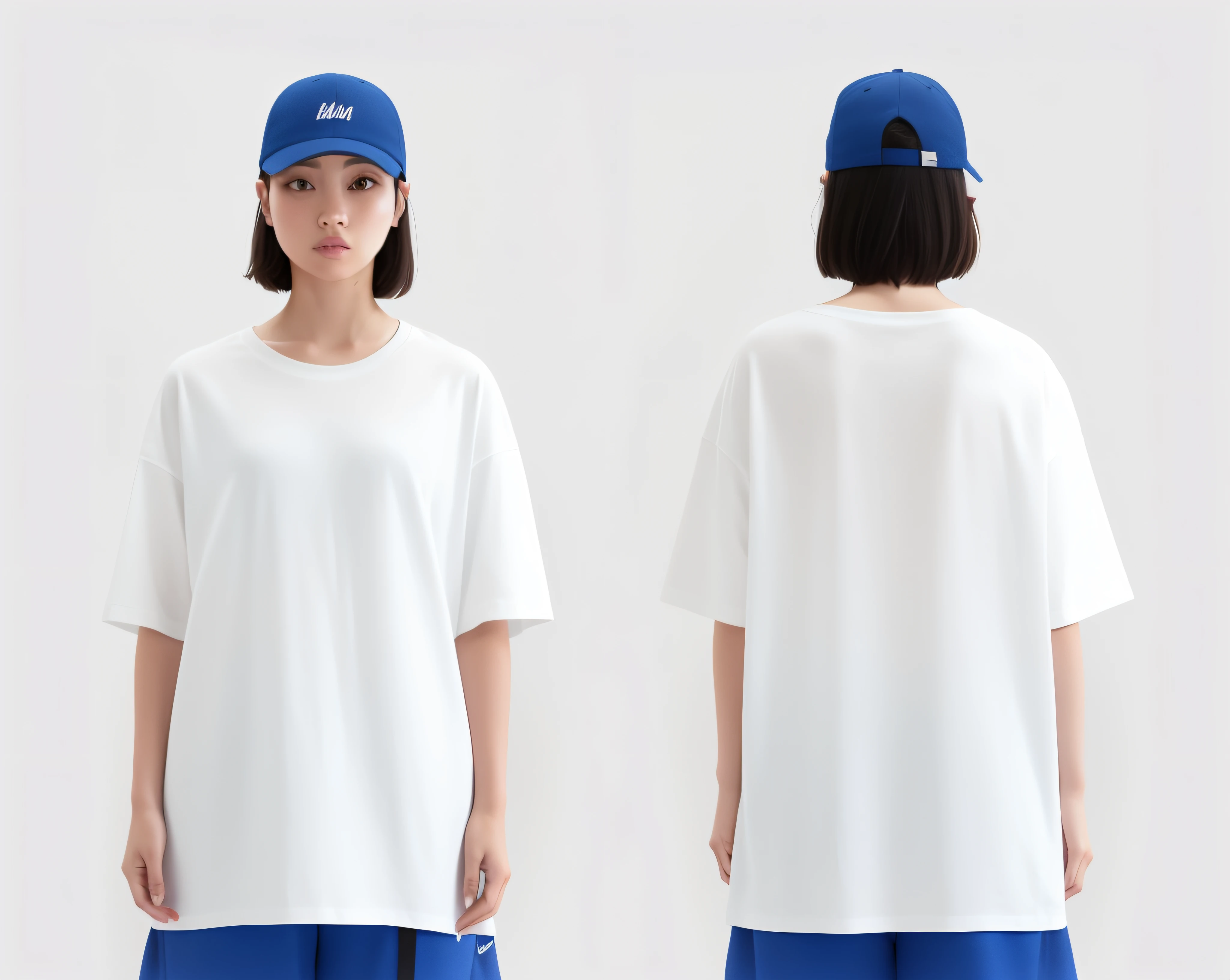 Image of a woman wearing a white shirt and blue shorts, white t - shirt, White T-shirt, realistic dress, casual streetwear, whitet-shirt, uniform off - white sky, minimal clothing, from 8 k matte, baggy clothing and hat, japanese streetwear, Short sleeves, Casual clothing, t-top, Sket - One x iamretro