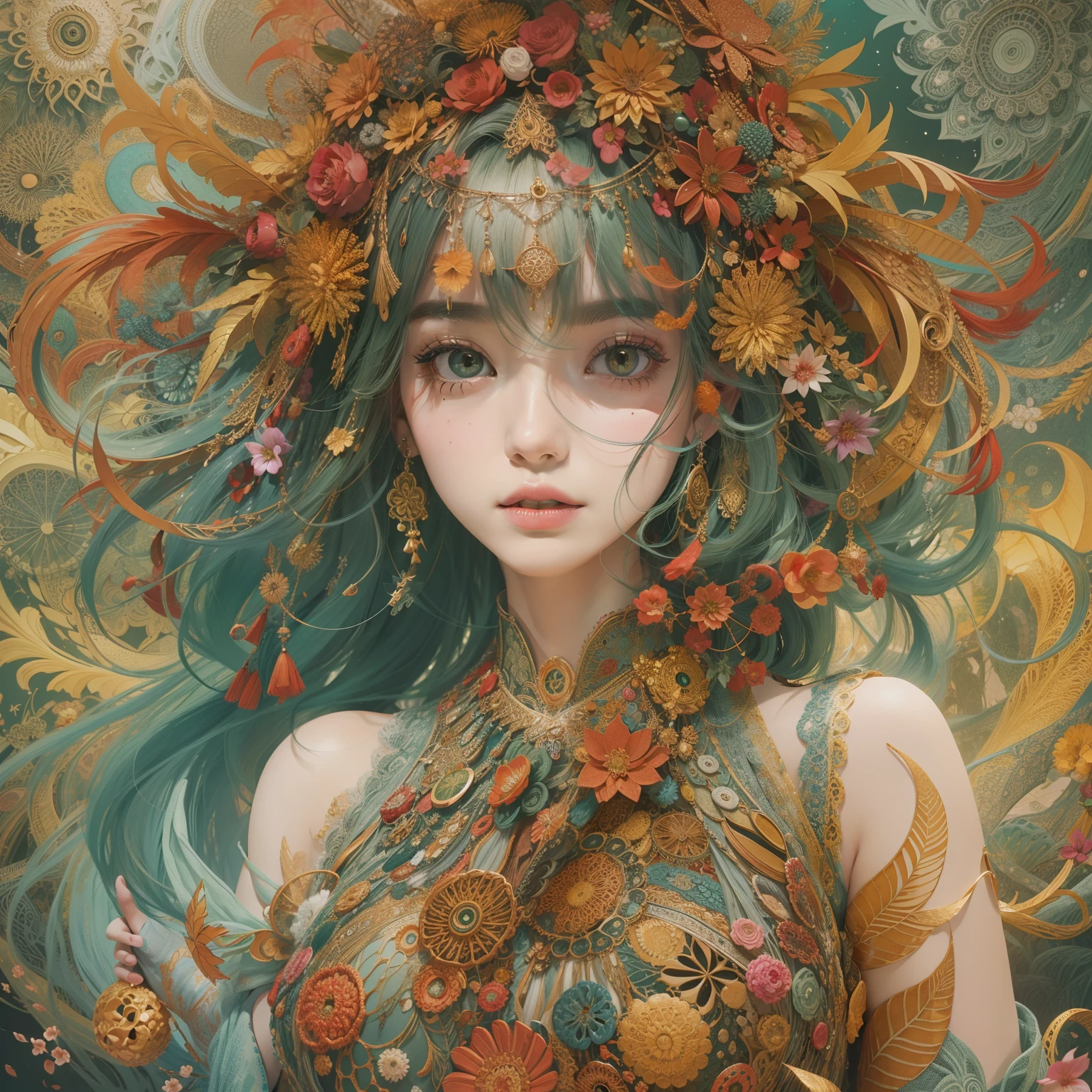 Official art、unity 8k wall paper、ultra-detailliert、Beautifully Aesthetic、masterpiece、top-quality、(Zentangle、a Mandala、Tangles、Tangles)、(Fractal Art:1.3)、One girl、ighly detailed、Dynamic angles、Cowboy Shots、The most beautiful forms chaos、elegent、Brutalist design、Vibrant colors、Red、cyan colors、amarelo、in green、romantism、
