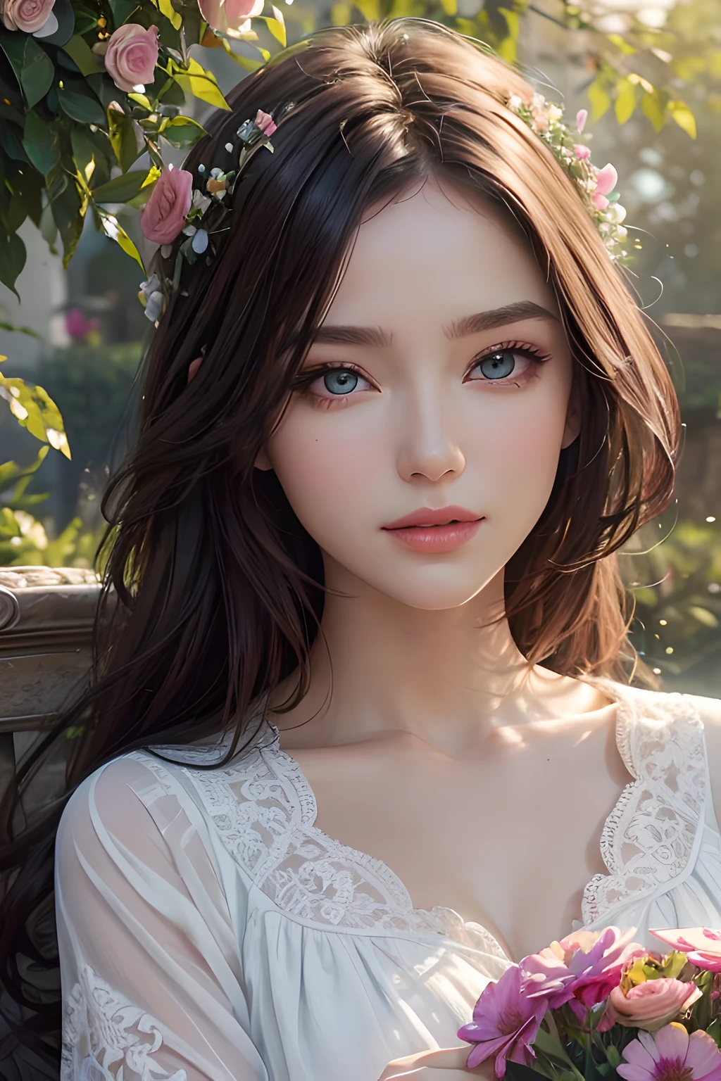 A woman with long hair and a white dress holding a bouquet - SeaArt AI