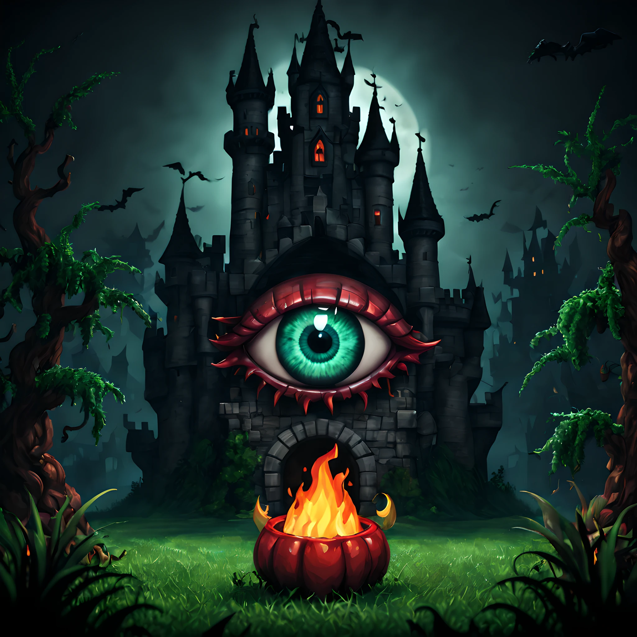 (Pixel art:1.5), (Devil's Eye:1.5), (dark theme:1.5), (fantasy:1.5), (dark fantasy:1.5), (huge devil eye:1.5), (Devil's Eyeball:1.5), (halloween theme:1.5), (chibi emote:1.5), (chibi character;1.5), (halloween background:1.5), (dark fantasy background:1.5), (castle:1.5), (grass:1.5),