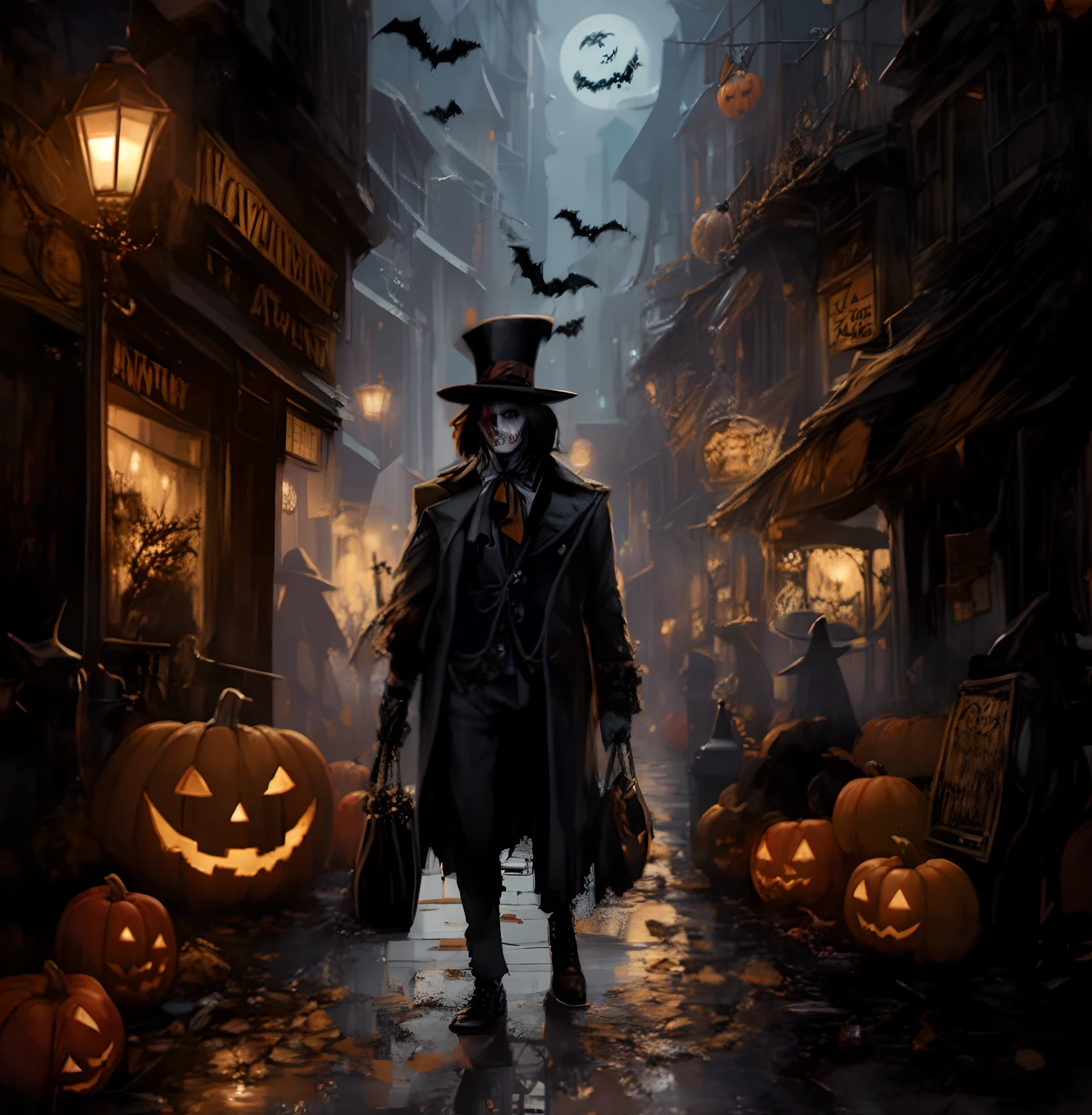 The image of a creepy man in a hat and coat, grim-hatter, halloween art style, halloween atmosphere, guillem h. pongiluppi, author：Alexander Jean, 3 0, Rosla global lighting, Stylized urban fantasy artwork, halloween scene, by Yang J, dan mumford tom bagshaw, digital painting highly detailed