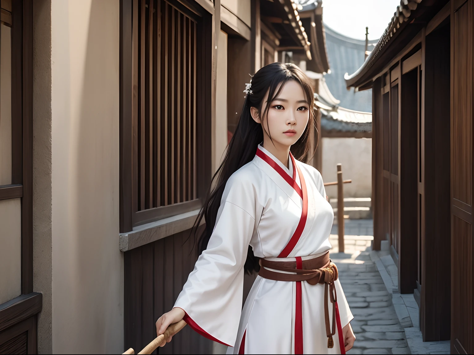 A woman who is,White Hanfu red belt,A wooden stick is placed diagonally against the wall,swordsmen,Ancient streets,(tmasterpiece,best qualtiy,Complicated details)