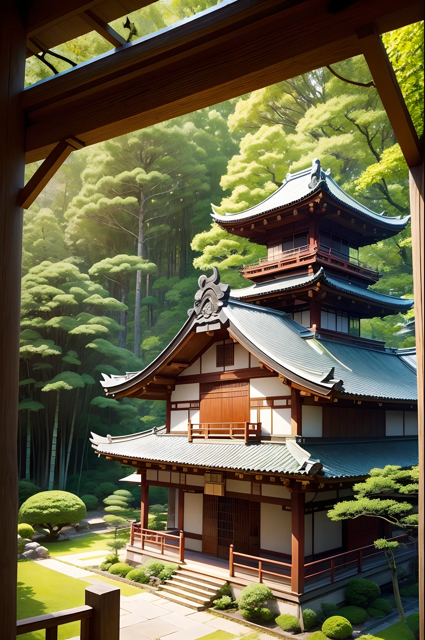 Masterpiece, top quality, best quality, official art, beautiful and aesthetic:1.2, extreme detailed, (fractal art:1.3) Komorebi Manor is an Old Japanese Style House, and from the outside, it's a breathtaking blend of tradition and nature. Its pagoda-style roof, wooden beams, and well-manicured rock garden radiate the serene charm of ancient Japan. The house is nestled amidst towering bamboo groves, and the filtered sunlight through the leaves dances upon its wooden facade, creating a tranquil, picturesque scene