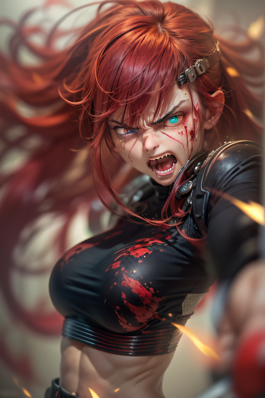 Best Quality, Masterpiece, 8k, RAW, 1 girl, ((raging)), (red hair), color-theme red, dramatic light, violence everywhere, corpses blood gore destruction in background, background dark and blurred, (angry expression:1.4), (raging eyes:1.2), red eyes, (heterochromia:1.2), mental breakdown, intimidation, harms way, (Anger:1.4), vengeance, rage, destruction, murder, insanity, going insane, loosing control