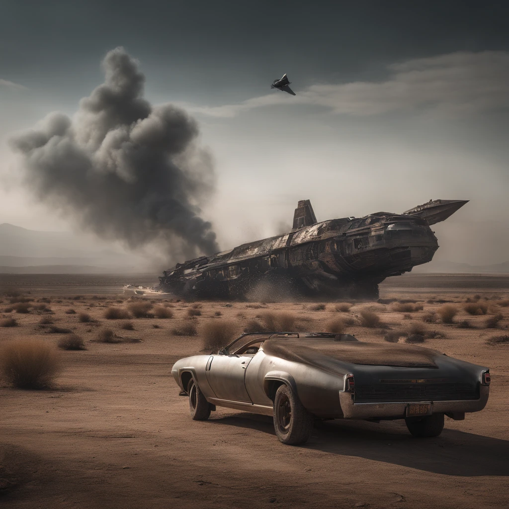 A wasteland-style spaceship that explodes in the air, black smoke from its engines, and is surrounded by a group of small red wasteland-style aircraft, with an abandoned ancient city in the background, towering industrial towers everywhere and some withered vegetation, storm-swept, foggy, low-saturation, cinematic shots