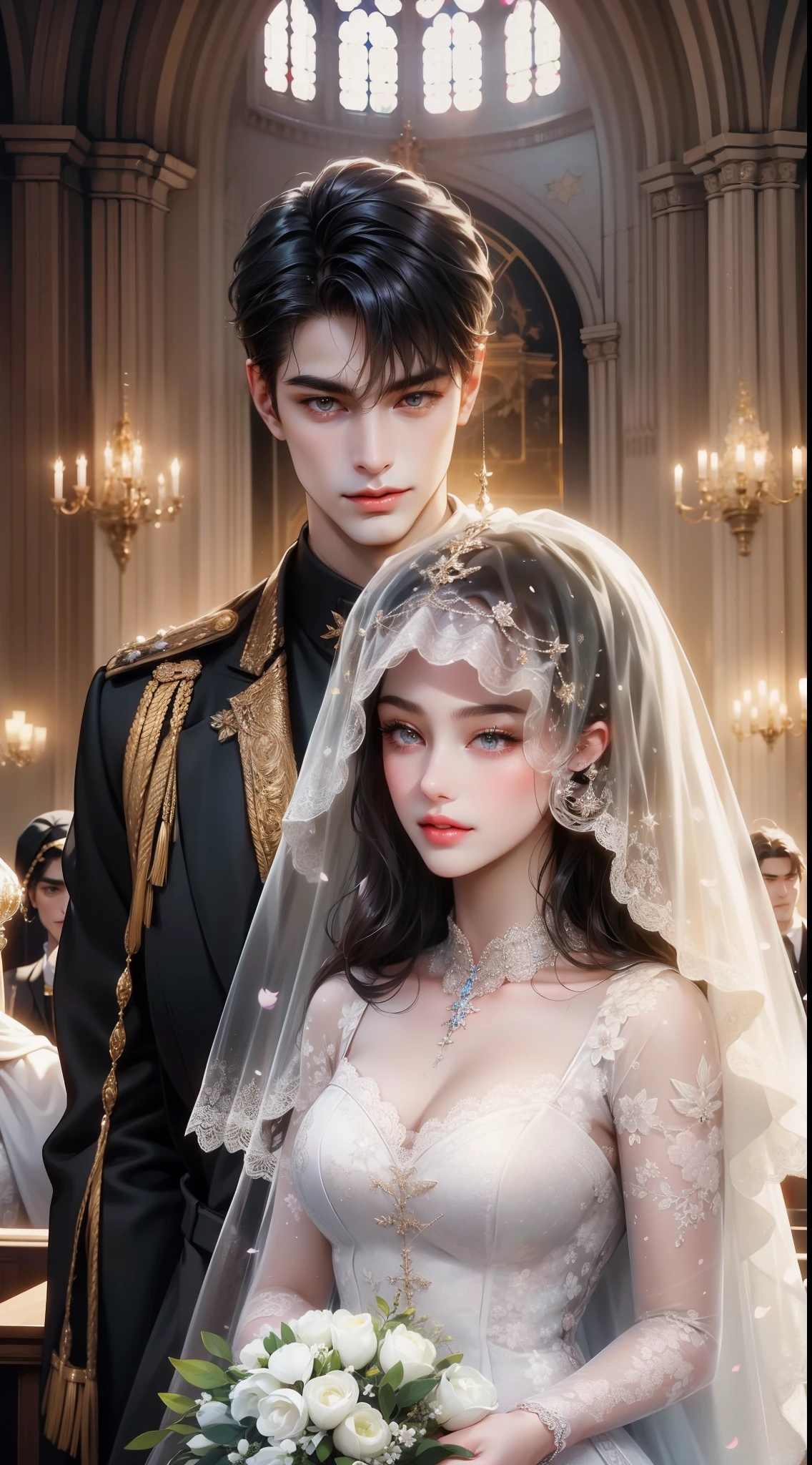 romantic couple look at each other, loving in their wedding, holding hand, wedding day, black-haired mature man,Girl with black short hair with fringe (soft smile, shy) (the girl is short wearing a long white veil),different height ((the man is taller)), morning light, Glow effects, the morning,in the church,The face is clear and accurate,detail in face,super-fine,castle, a lot of flowers in the background,16K resolution,high quality, High picture detail,dynamic viewing angle,Epic shooting,oc rendered, detailed light, detailed shadow
