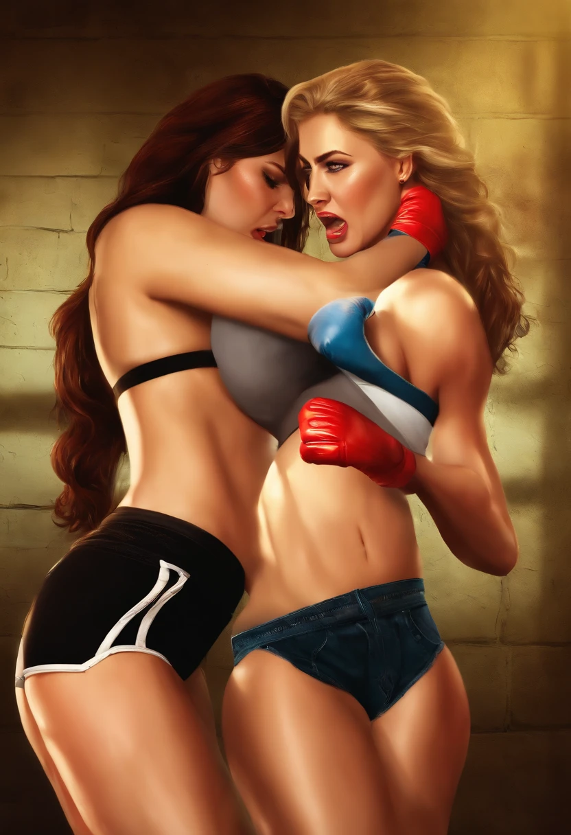 Holding stomach in pain. Agony. Bellypunching. Large breasts. White girl. Sexy, cute. Skintight clothes. Belly punching fight. Basement background. Realistic. Two girls fighting. Agony. Belly punch. Punch to stomach. Punching in stomach. One girl punches another in the stomach.