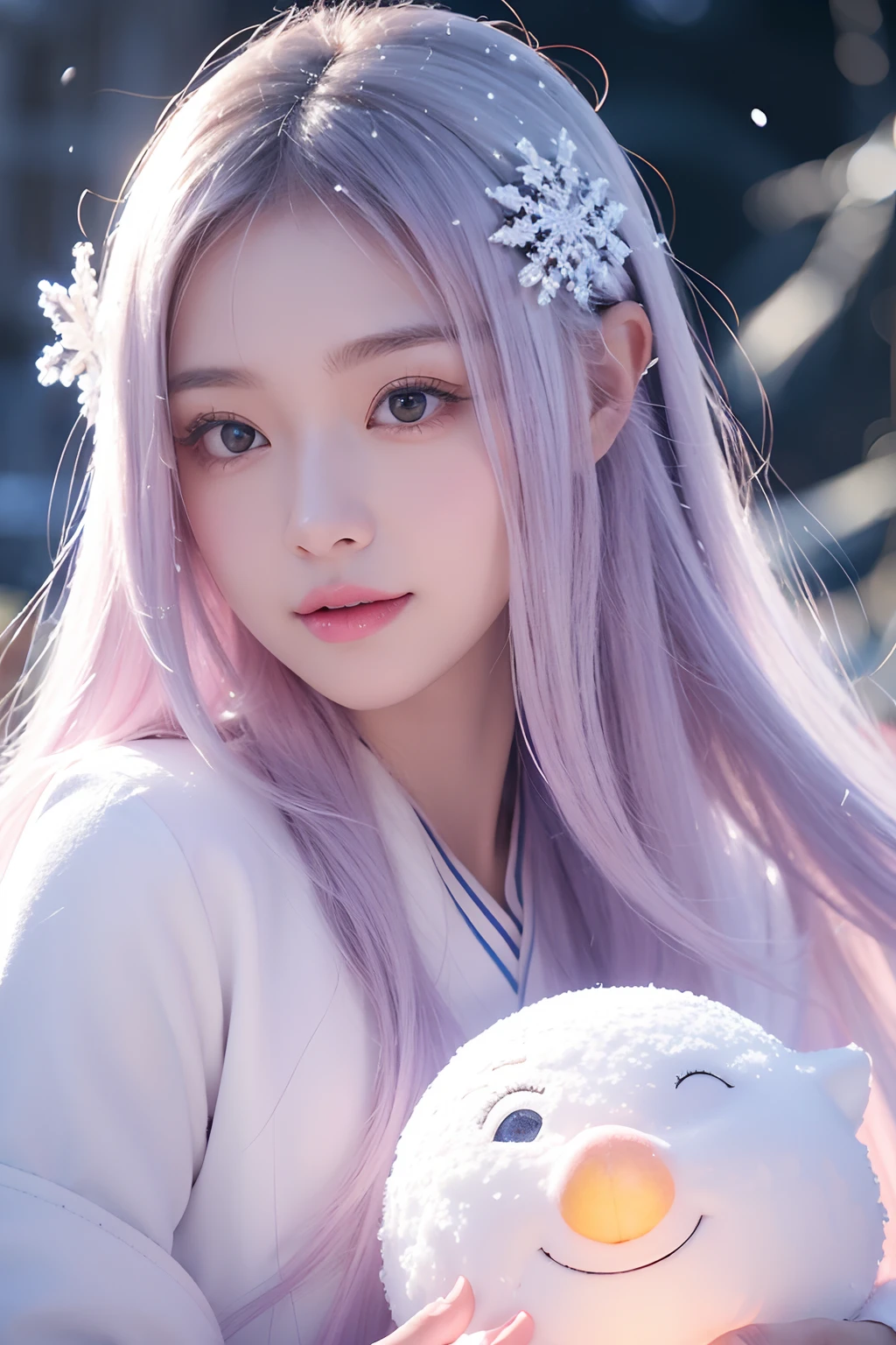 Snowscape、Snow powder、Close-up of smiley faces、Glossy lips、Shining eyes、Snow Girl、Snow clothing、cosplay、(hentail realism、A high resolution)、(1 girl in)、Snow Girl、eye、ChineseGirl、(Best quality), (masutepiece), (1girl in), Solo, a beauty girl, Perfect face, DreamlikeArt、Highly detailed airbrush art((Surreal))、voluminetric lighting、(top-quality)、The ultra-detailliert、(The composition of the movement:1.4)、Highly detailed and colorful details、(Bright lighting)、dynamic compositions、Ray traching、The mirror reflects light、Shallow depth of field、ultra - detailed、Mixed exposure、NFFSW、Her eyes shone with a deep pink glow、Snowflakes falling in the background、The snow-capped mountains shine brightly